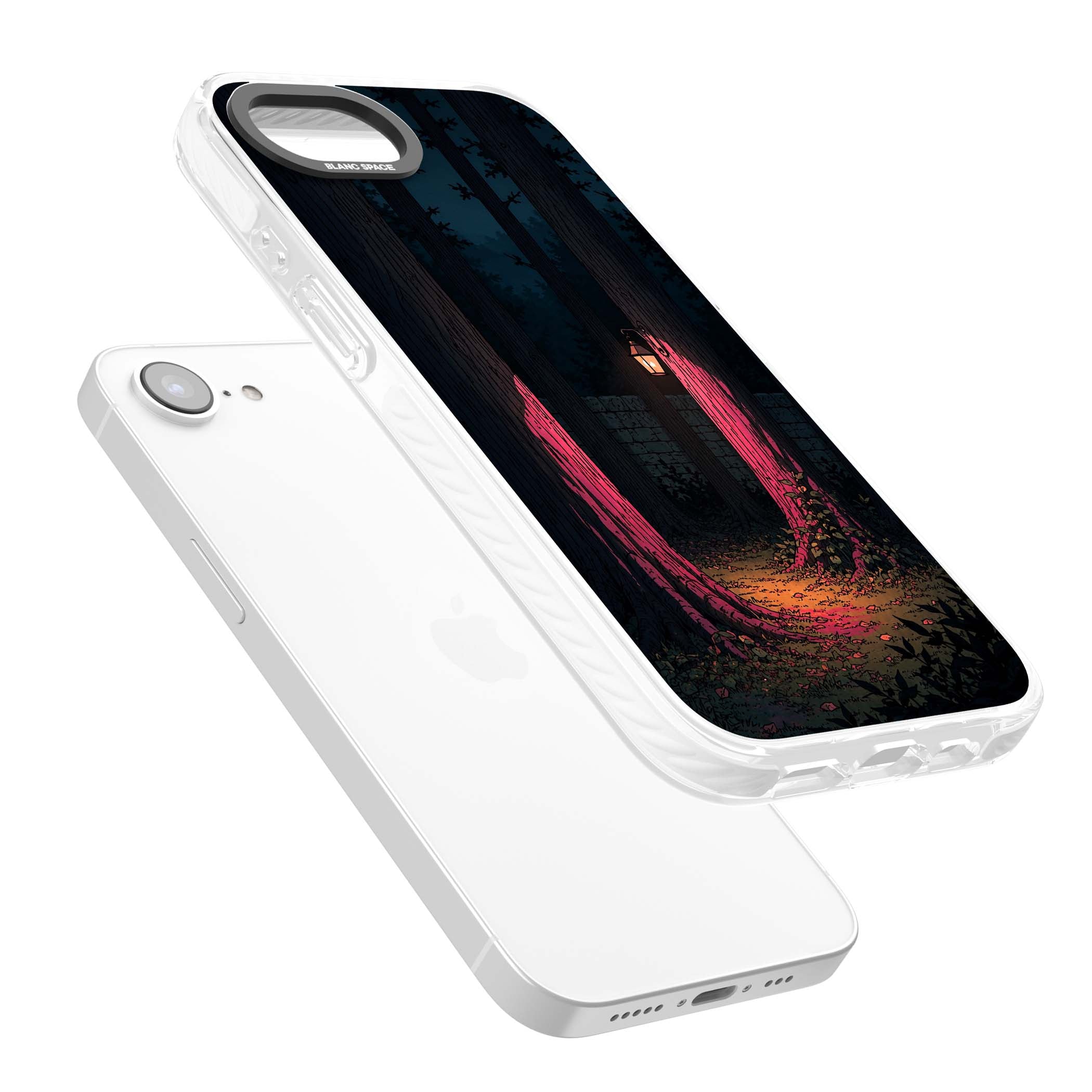 Forest Lantern dark academia iPhone case featuring a moonlit forest, glowing lantern, and stone wall pathway | Impact Magsafe case for iPhone 16e, iPhone 17e
