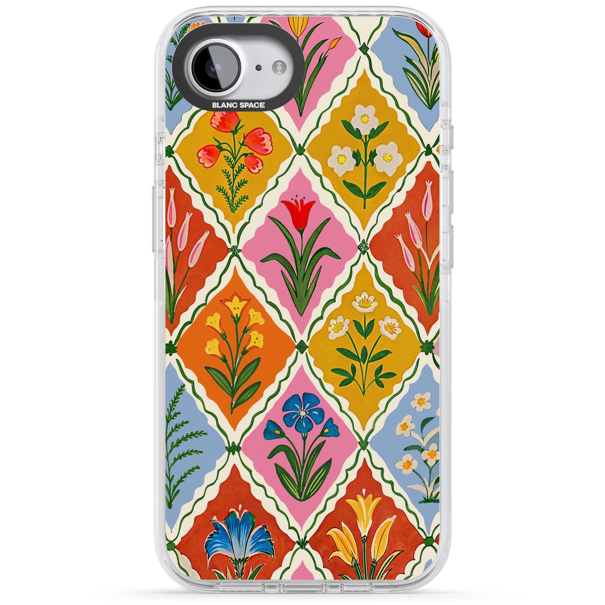 Floral Quilt boho floral iPhone case featuring diamond lattice pattern, hand-painted tulips and folk art wildflowers | Impact Magsafe case for iPhone 16e, iPhone 17e
