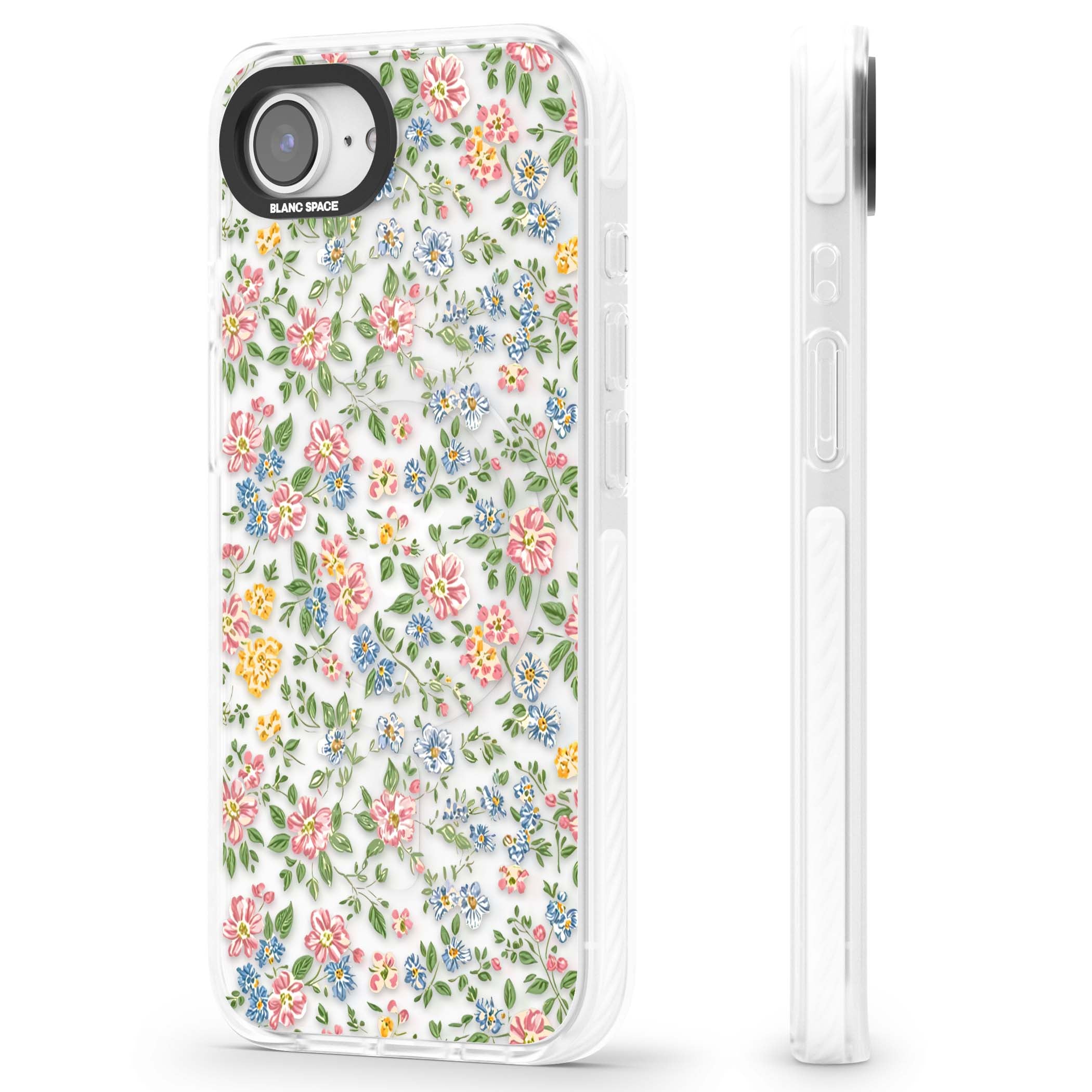 Soft Meadow cottagecore iPhone case featuring pink cosmos, blue forget-me-nots, yellow buttercups and green leaves sca | Impact Magsafe case for iPhone 16e, iPhone 17e