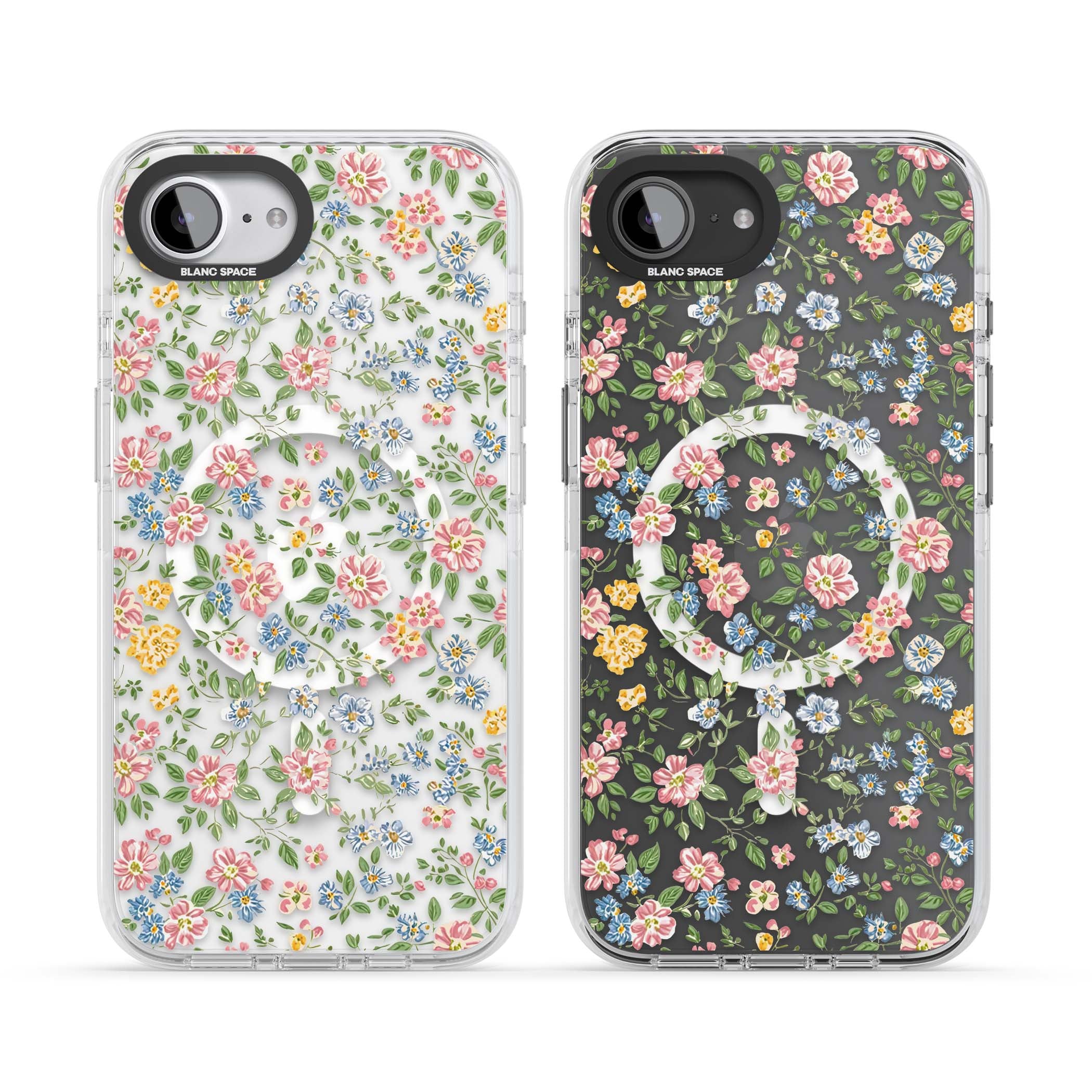 Soft Meadow cottagecore iPhone case featuring pink cosmos, blue forget-me-nots, yellow buttercups and green leaves sca | Impact Magsafe case for iPhone 16e, iPhone 17e