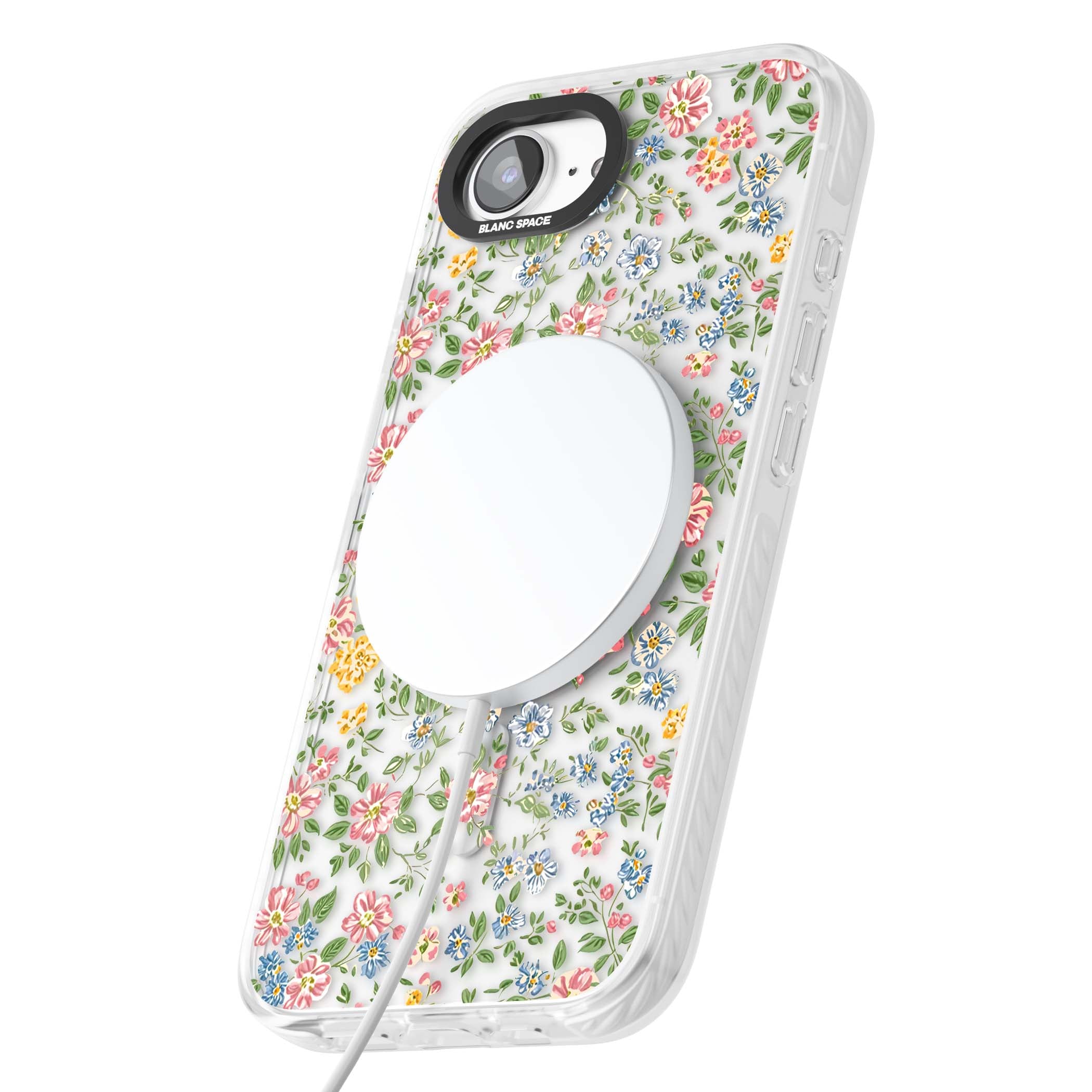 Soft Meadow cottagecore iPhone case featuring pink cosmos, blue forget-me-nots, yellow buttercups and green leaves sca | Impact Magsafe case for iPhone 16e, iPhone 17e