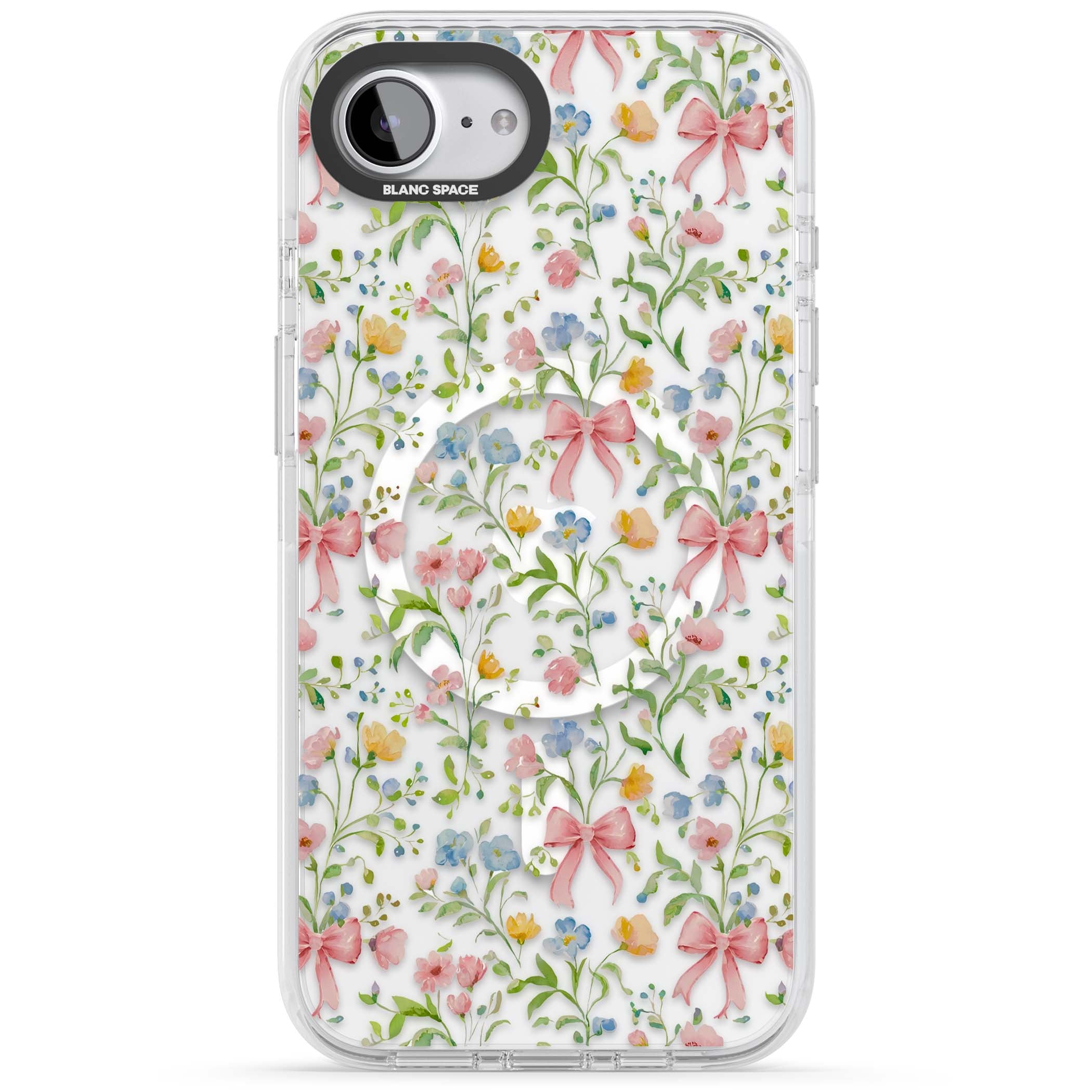 Ribbons & Wildflowers cottagecore iPhone case featuring watercolor wildflowers, pink satin bows, and delicate spring blooms o | Impact Magsafe case for iPhone 16e, iPhone 17e
