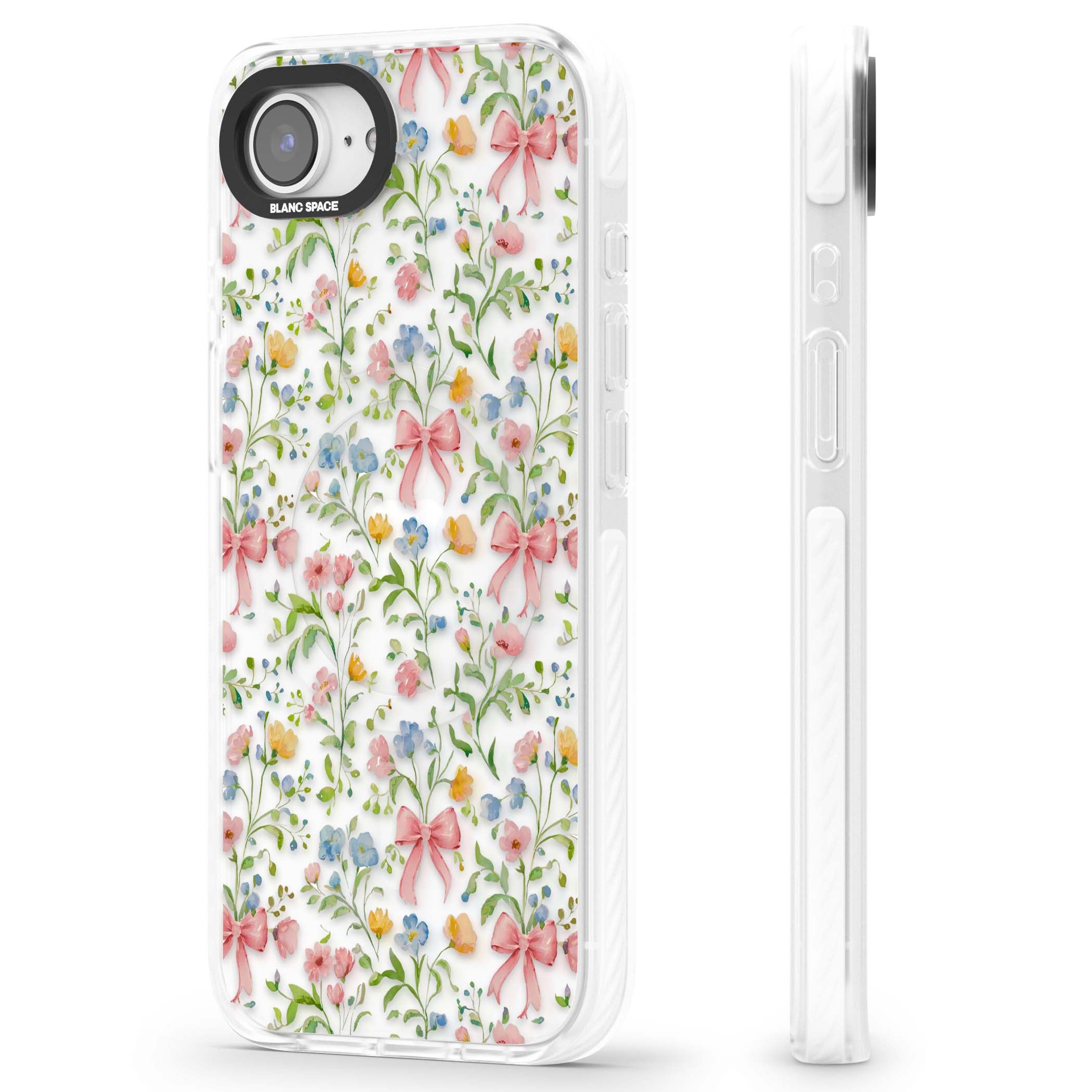 Ribbons & Wildflowers cottagecore iPhone case featuring watercolor wildflowers, pink satin bows, and delicate spring blooms o | Impact Magsafe case for iPhone 16e, iPhone 17e