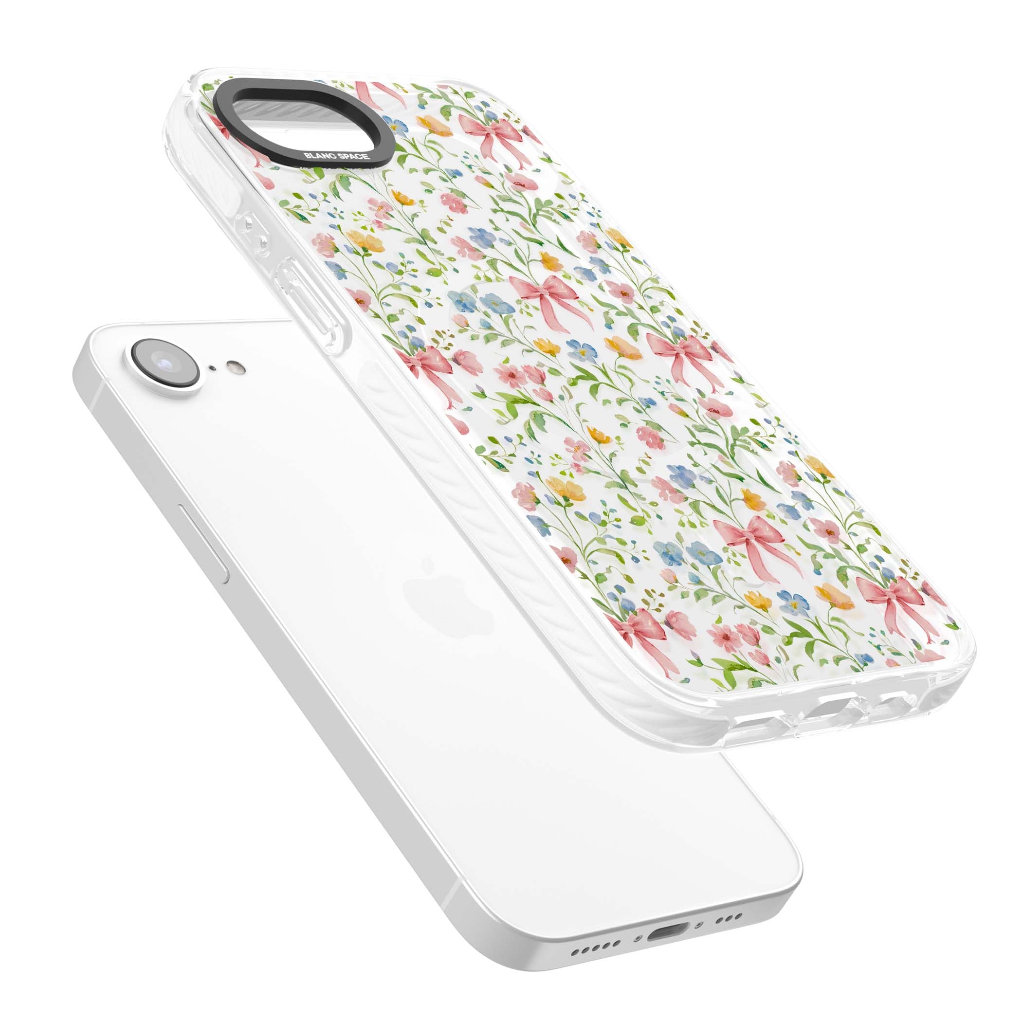 Ribbons & Wildflowers cottagecore iPhone case featuring watercolor wildflowers, pink satin bows, and delicate spring blooms o | Impact Magsafe case for iPhone 16e, iPhone 17e