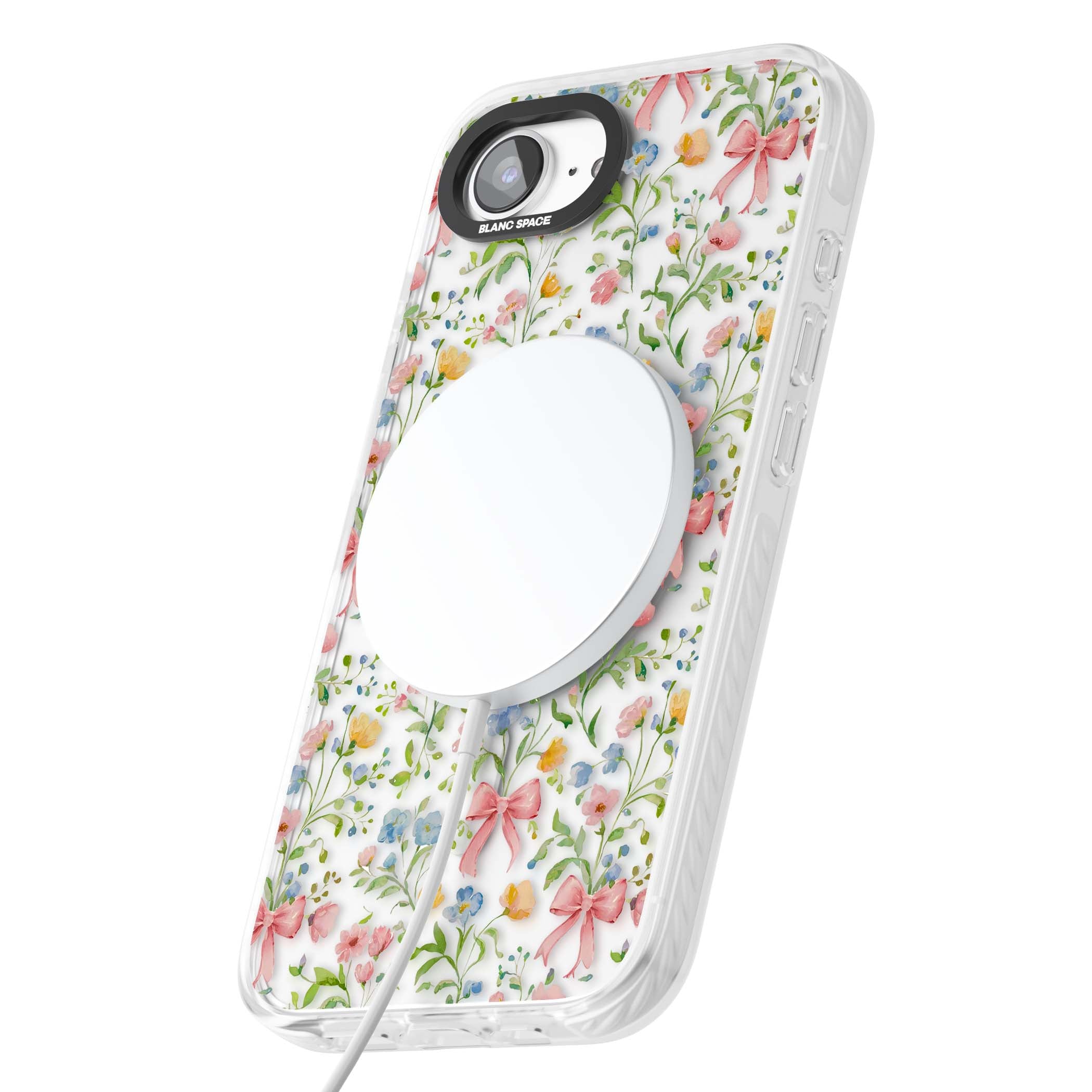 Ribbons & Wildflowers cottagecore iPhone case featuring watercolor wildflowers, pink satin bows, and delicate spring blooms o | Impact Magsafe case for iPhone 16e, iPhone 17e