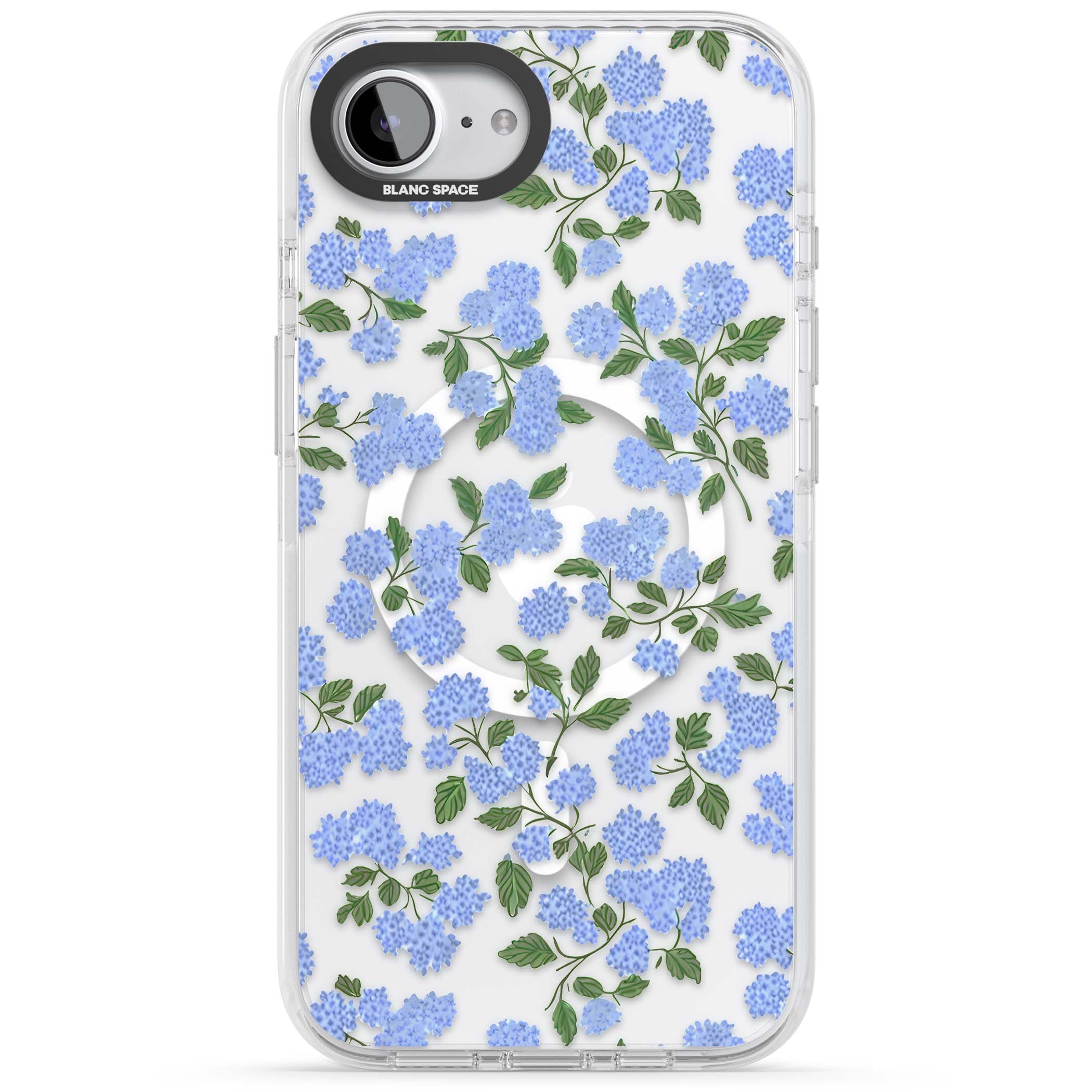 Hydrangea Dreams cottagecore iPhone case featuring soft blue hydrangea flower clusters and green leaves | Impact Magsafe case for iPhone 16e, iPhone 17e