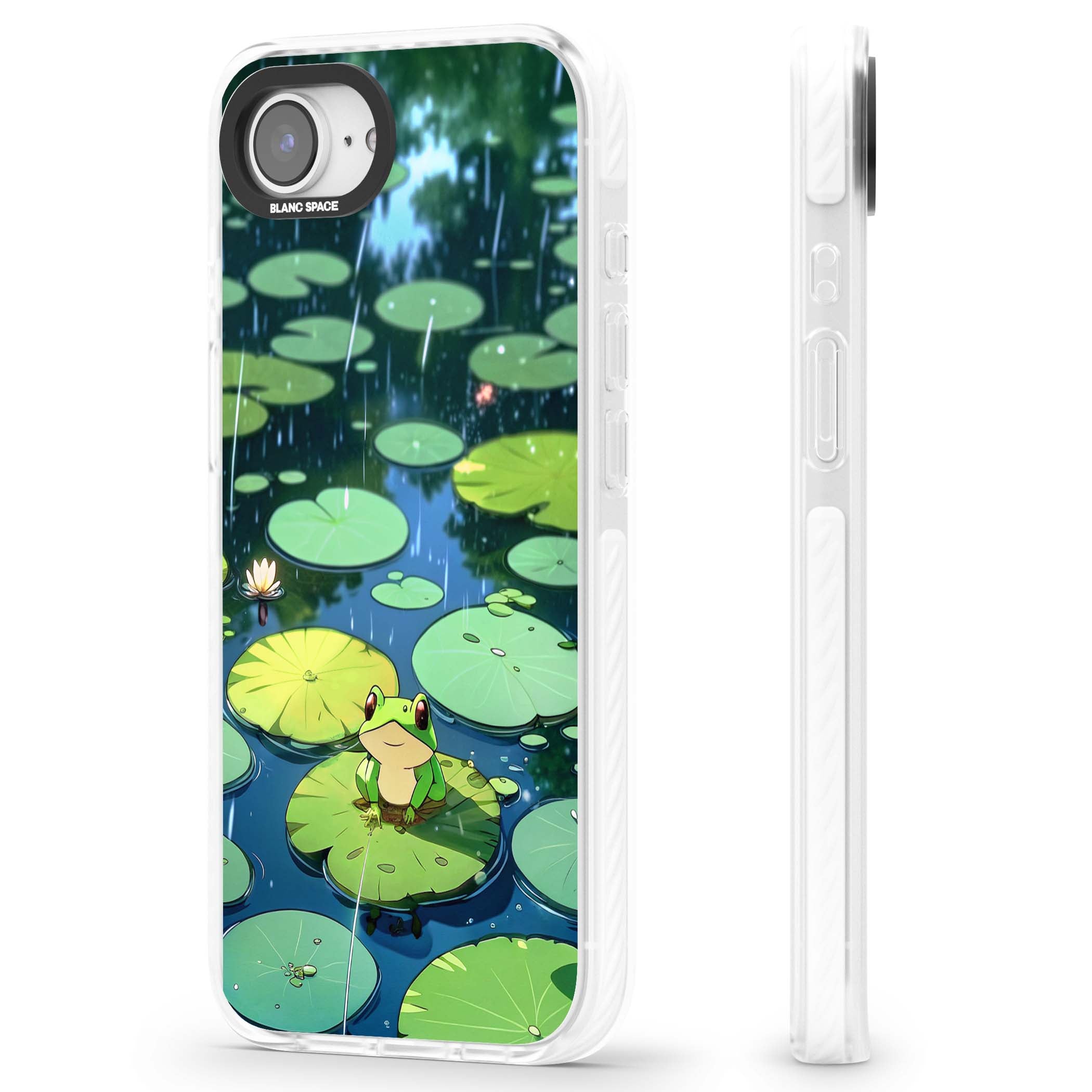 Frog In Lily Pond cottagecore iPhone case featuring a cute green frog on a lily pad with falling rain and a lotus flower | Impact Magsafe case for iPhone 16e, iPhone 17e