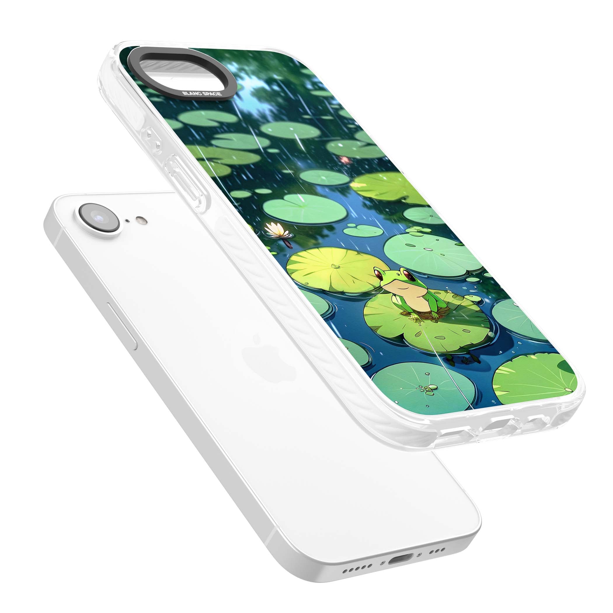 Frog In Lily Pond cottagecore iPhone case featuring a cute green frog on a lily pad with falling rain and a lotus flower | Impact Magsafe case for iPhone 16e, iPhone 17e