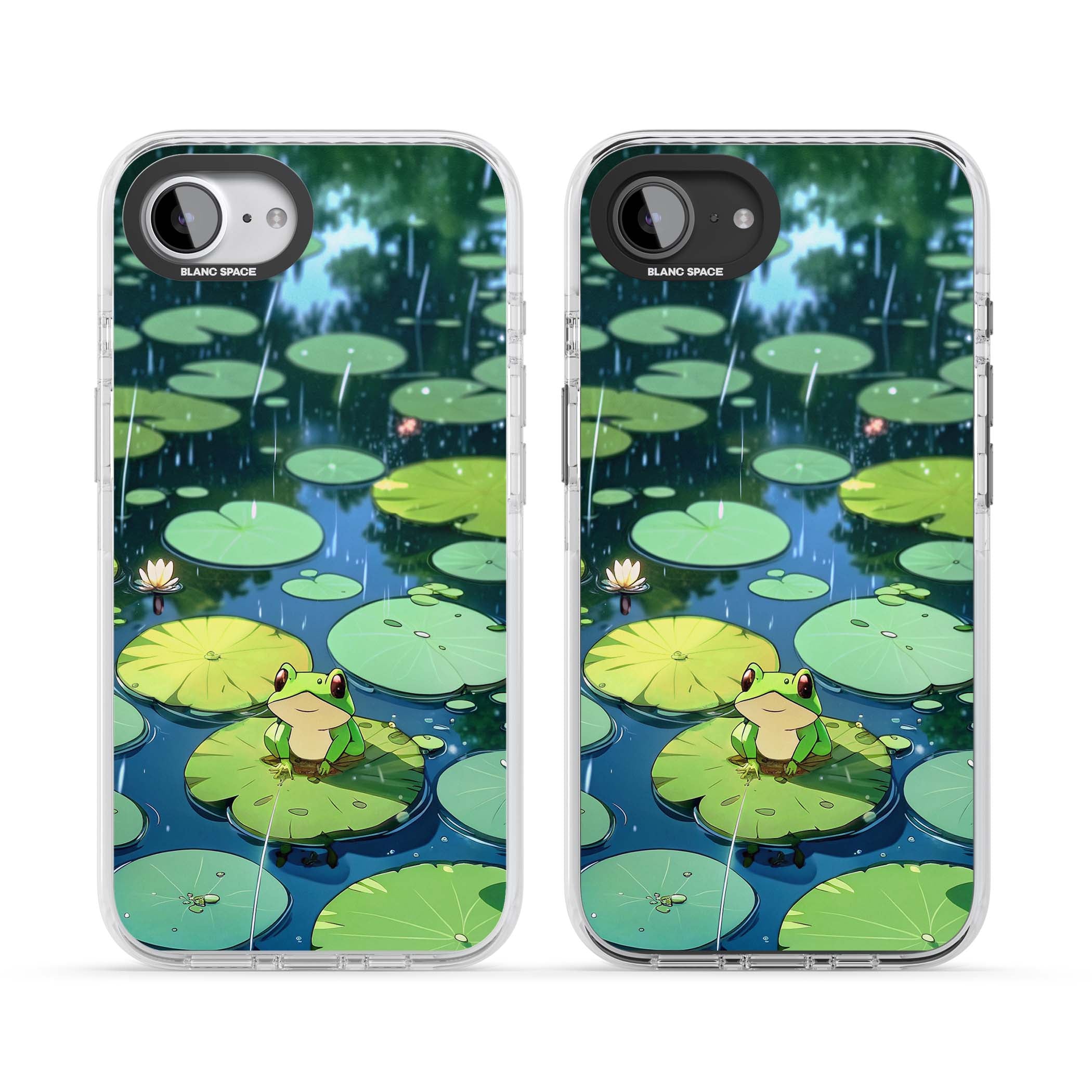 Frog In Lily Pond cottagecore iPhone case featuring a cute green frog on a lily pad with falling rain and a lotus flower | Impact Magsafe case for iPhone 16e, iPhone 17e