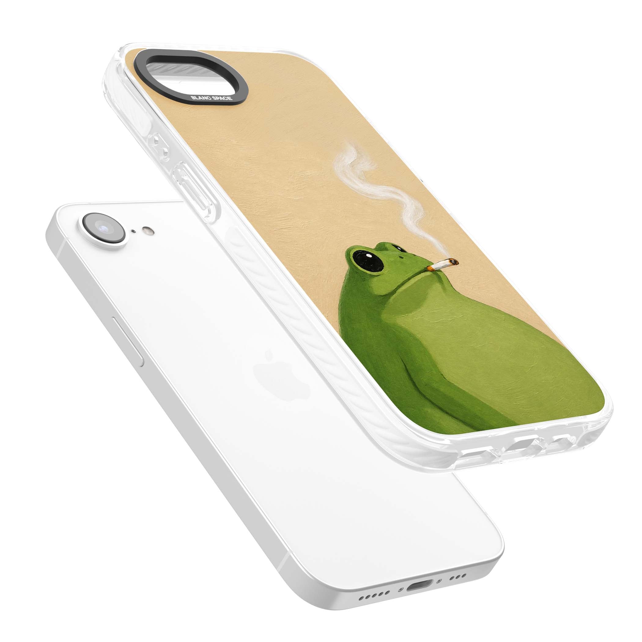 The Smoking Frog cottagecore iPhone case featuring a hand-painted green frog smoking a cigarette on a cream oil painting back | Impact Magsafe case for iPhone 16e, iPhone 17e