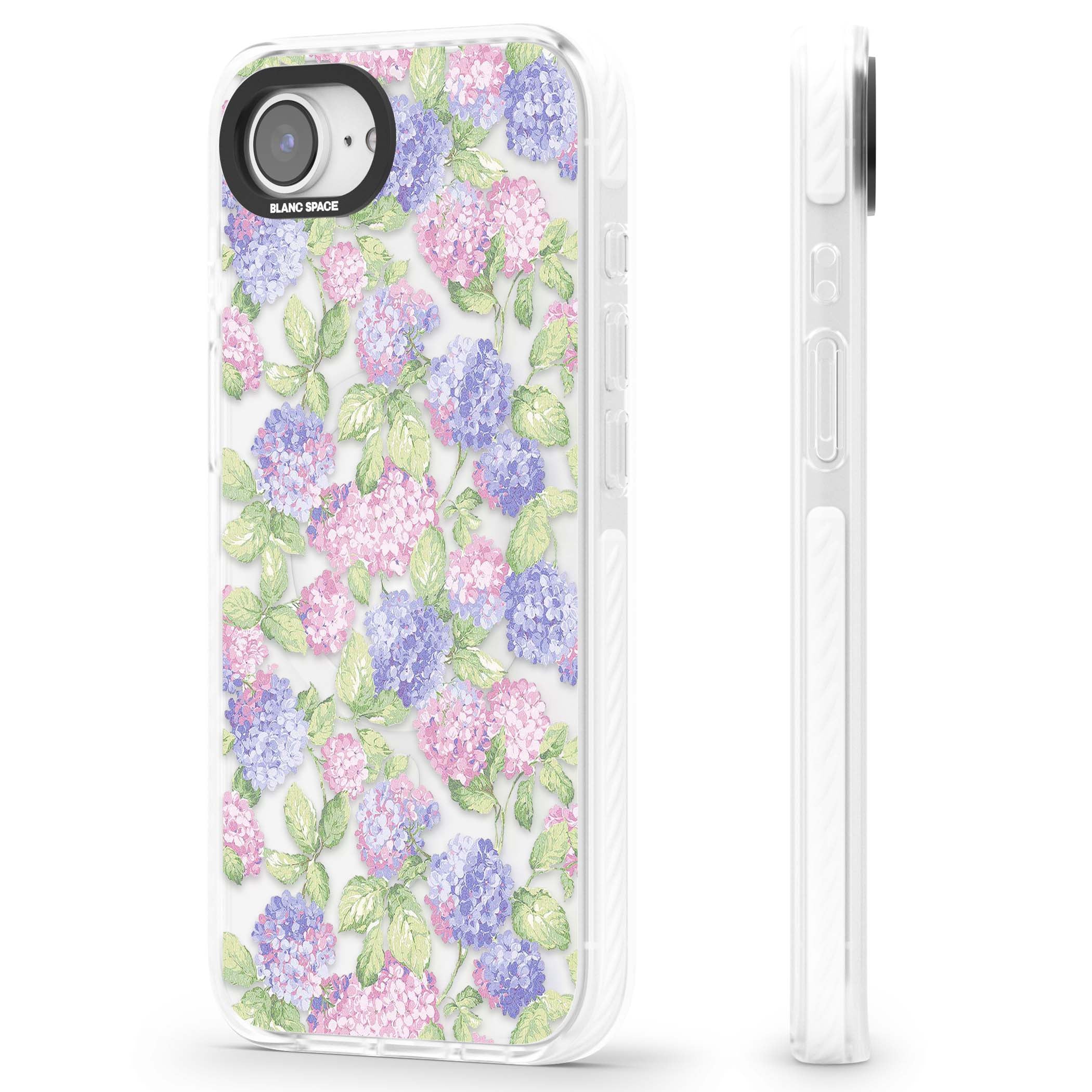 Cottage Hydrangea cottagecore iPhone case featuring pink and purple hydrangea blooms with green leaves on a clear background | Impact Magsafe case for iPhone 16e, iPhone 17e