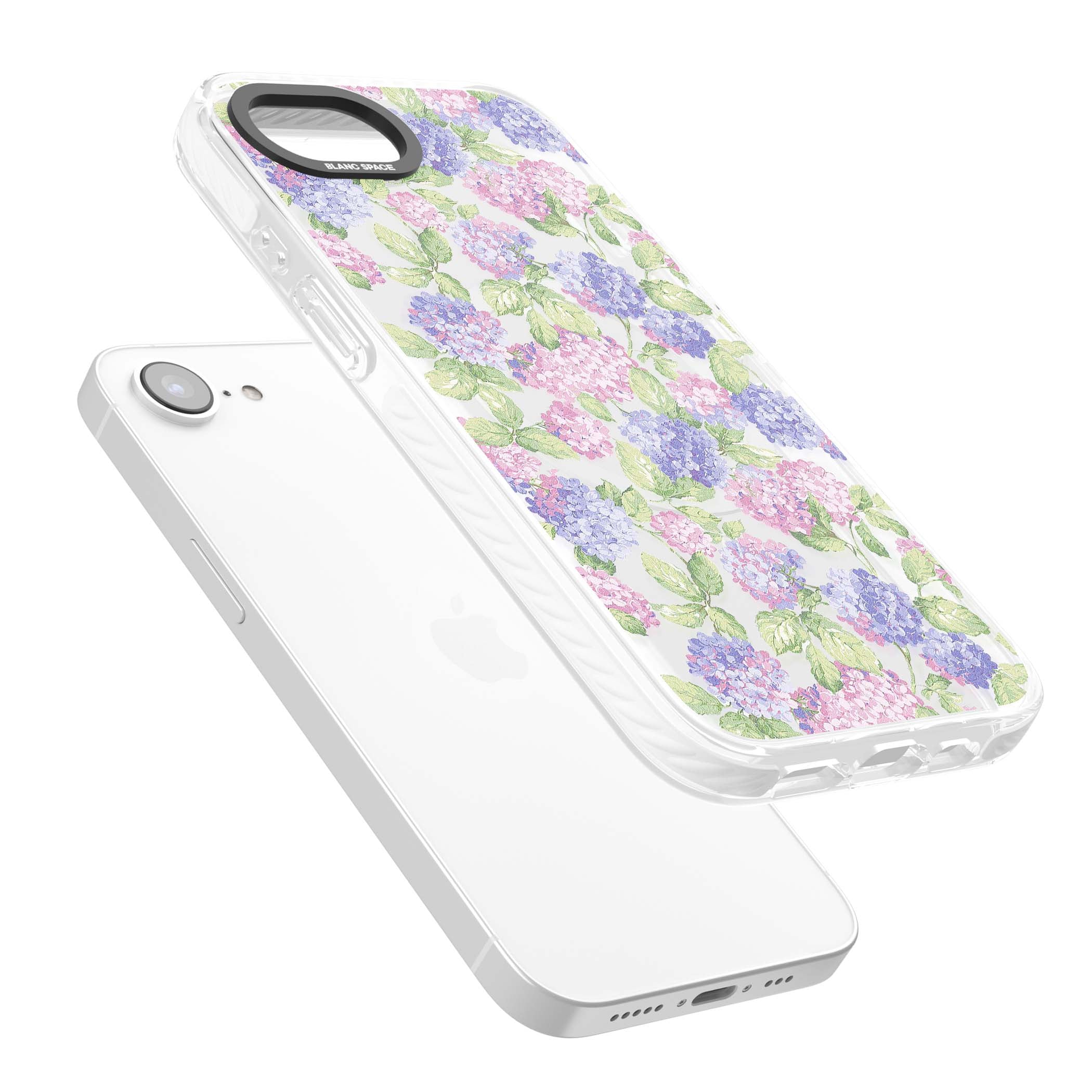 Cottage Hydrangea cottagecore iPhone case featuring pink and purple hydrangea blooms with green leaves on a clear background | Impact Magsafe case for iPhone 16e, iPhone 17e