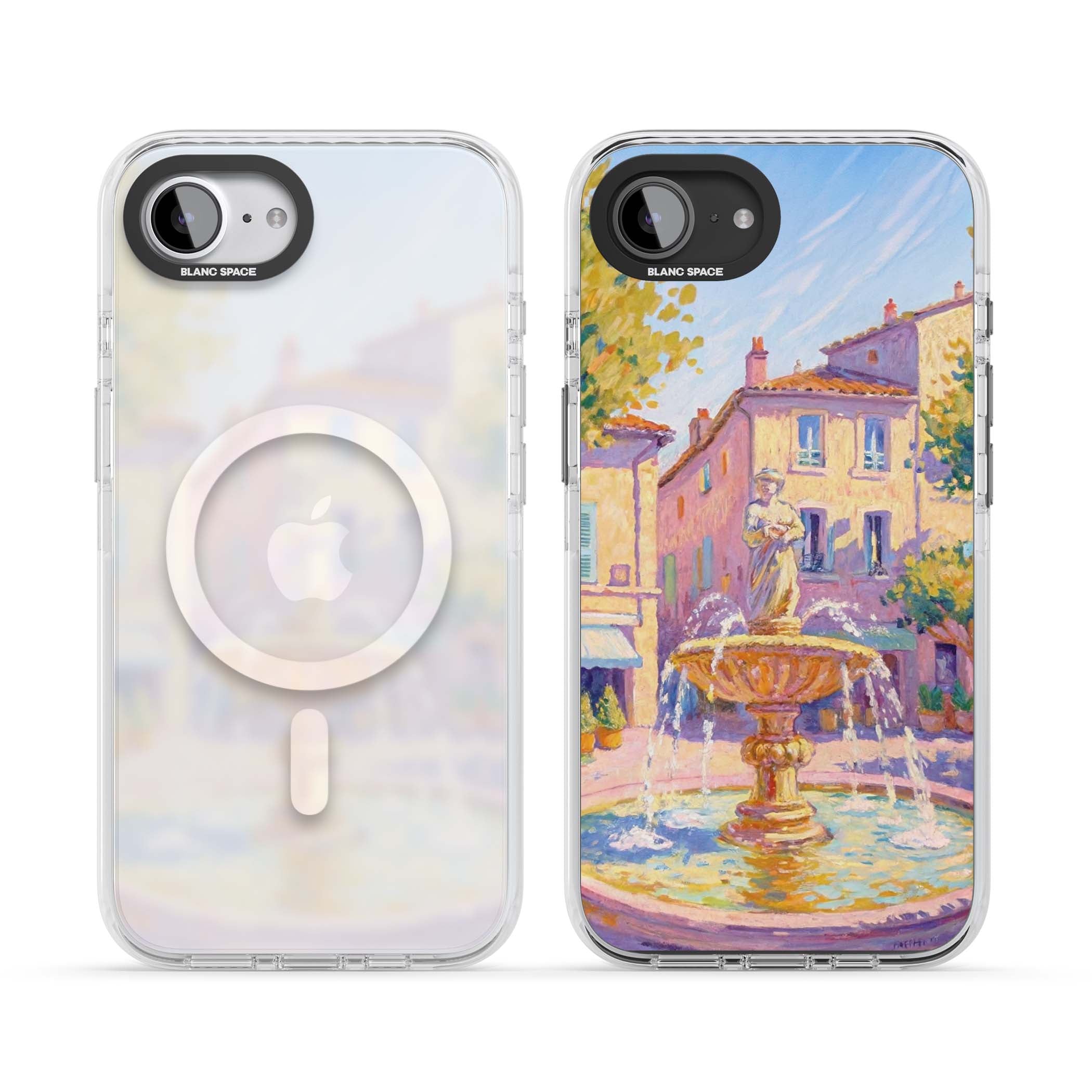 Fountain Square fine art iPhone case featuring an impressionist Provençal fountain, pastel village buildings and summe | Impact Magsafe case for iPhone 16e, iPhone 17e