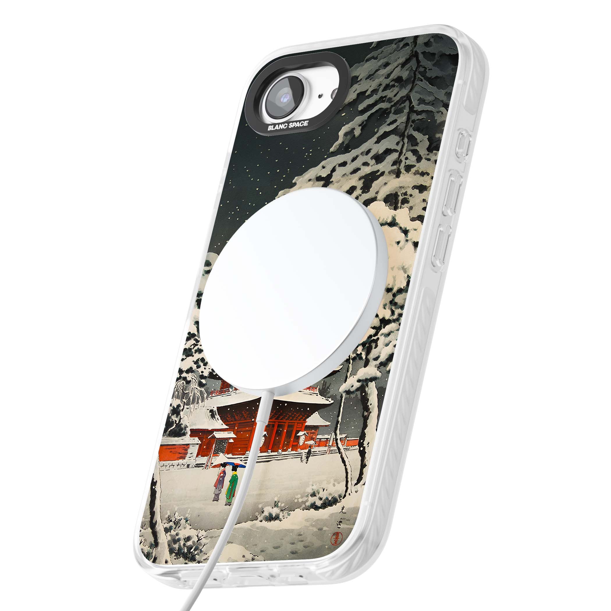 Snow at Shiha Park, Tokyo Japanese art iPhone case featuring a vintage ukiyo-e snowy temple, red pagoda, and snow-covered pin | Impact Magsafe case for iPhone 16e, iPhone 17e