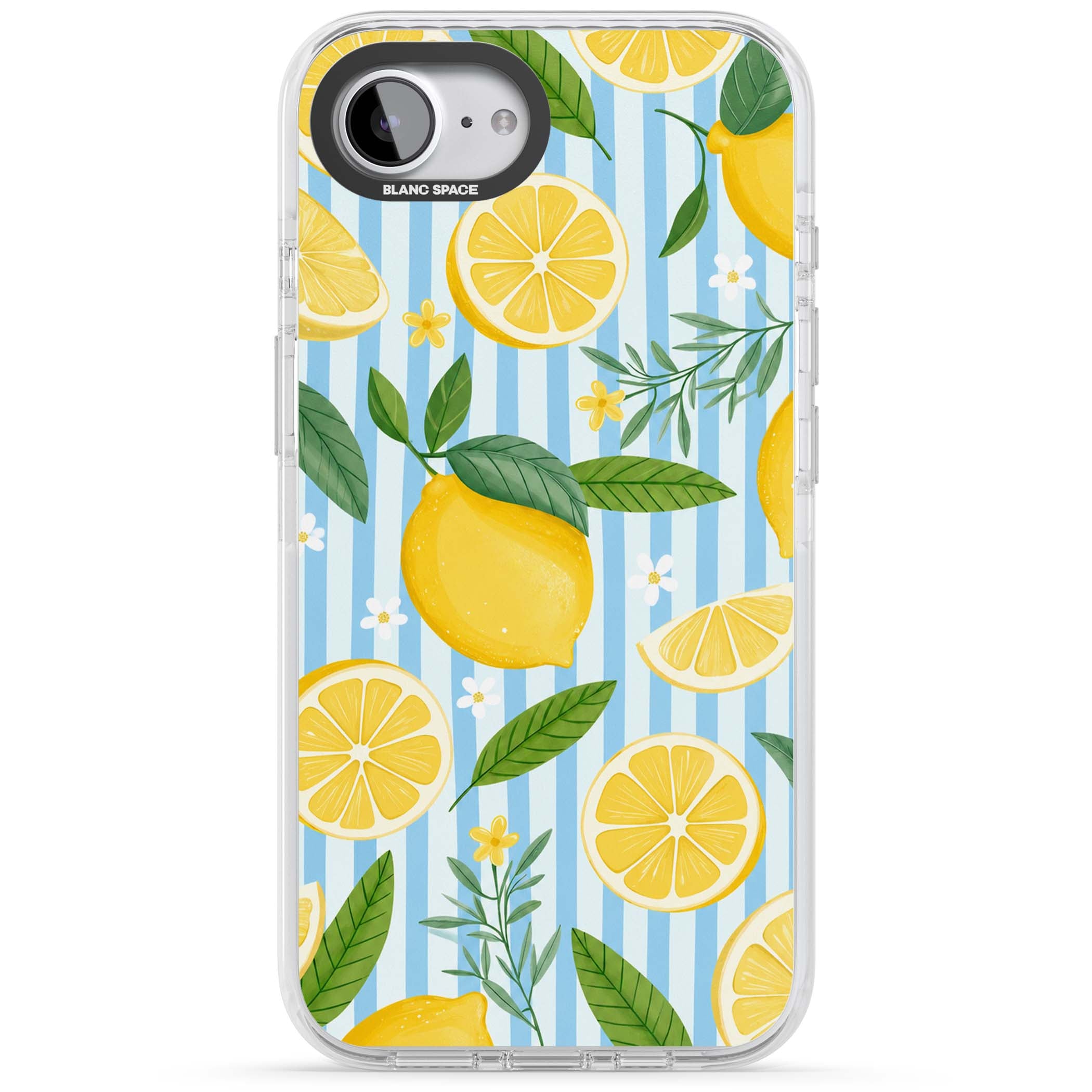 Capri Citrus Stripe coastal iPhone case featuring yellow lemons, blue stripes, and white daisy blossoms | Impact Magsafe case for iPhone 16e, iPhone 17e