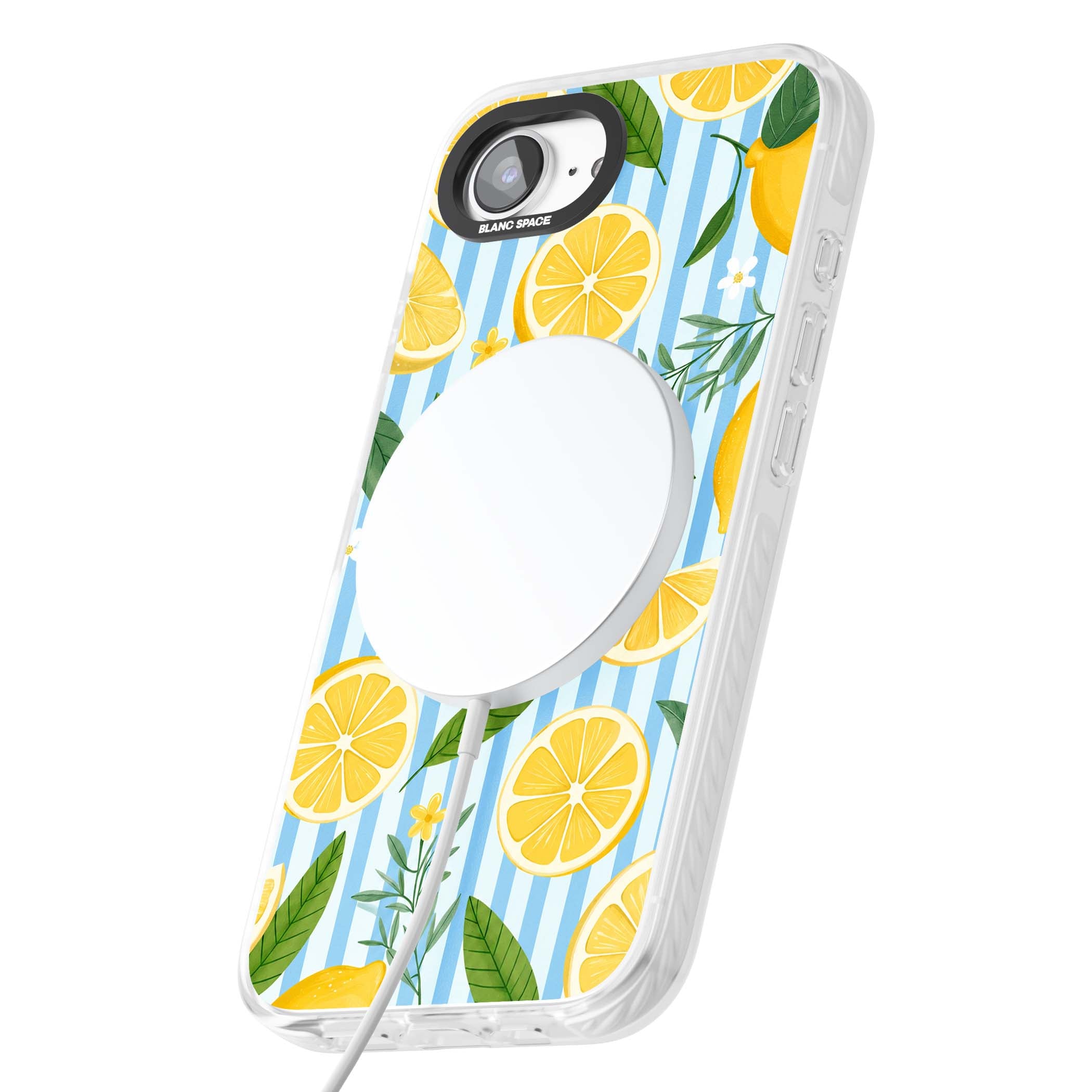 Capri Citrus Stripe coastal iPhone case featuring yellow lemons, blue stripes, and white daisy blossoms | Impact Magsafe case for iPhone 16e, iPhone 17e