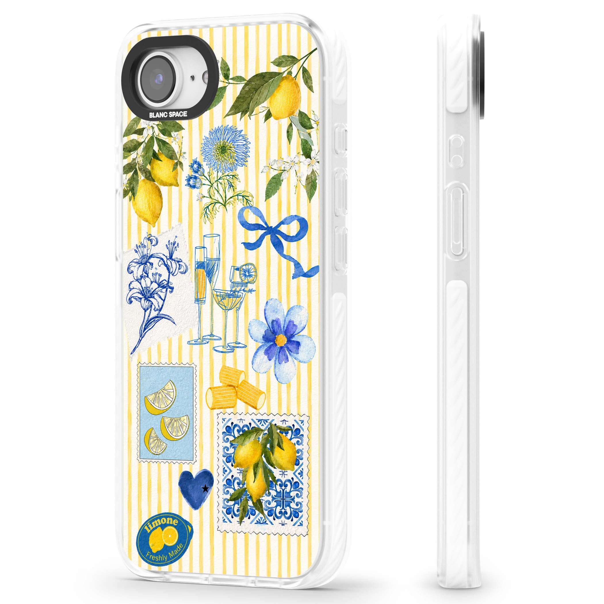 Limone Riviera Italian summer iPhone case featuring watercolour lemons, blue ribbon bows and majolica tile stamps on... | Impact Magsafe case for iPhone 16e, iPhone 17e
