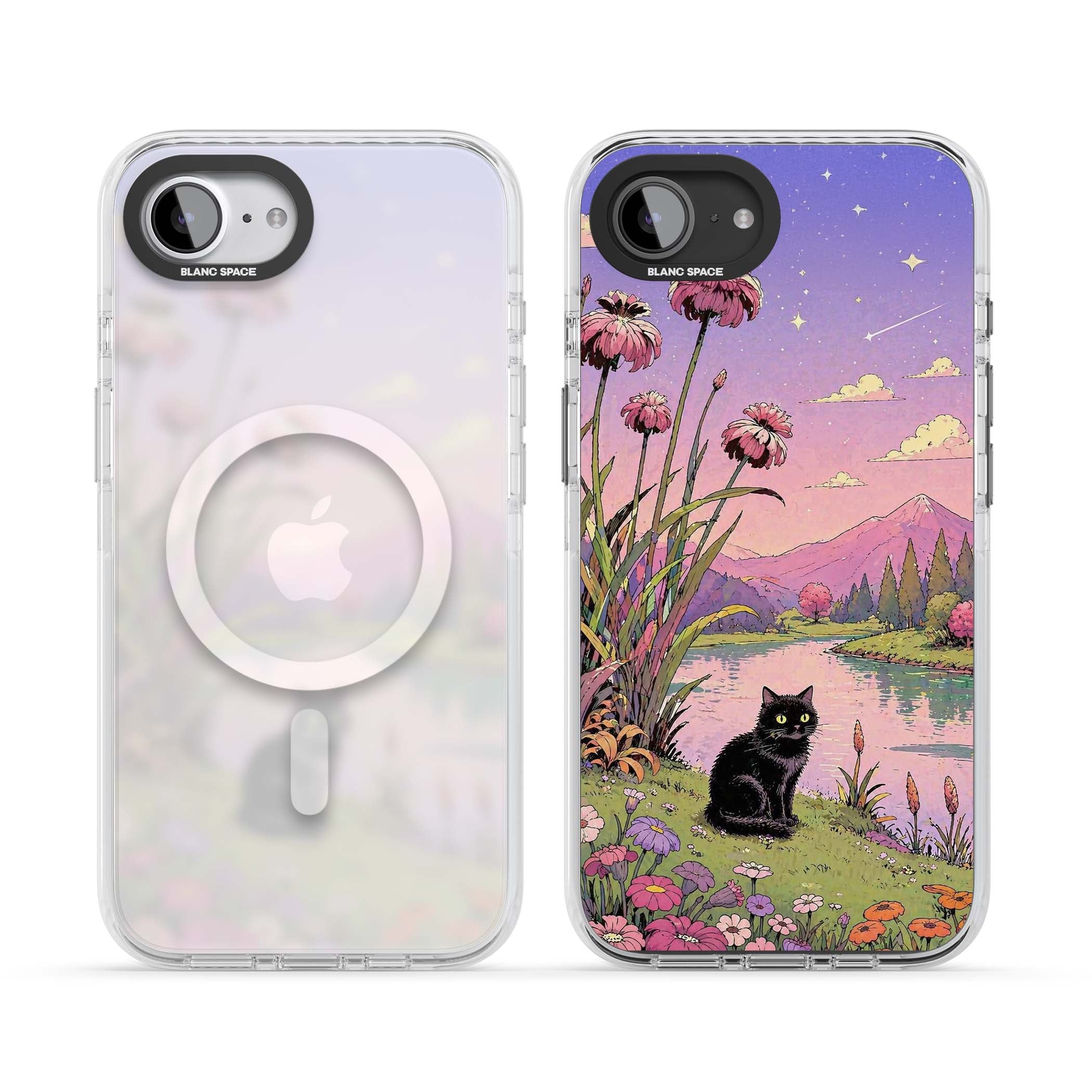 Mystic Whiskers ghibli iPhone case featuring a black cat by a pastel lake, wildflowers and a starry sunset sky | Impact Magsafe case for iPhone 16e, iPhone 17e