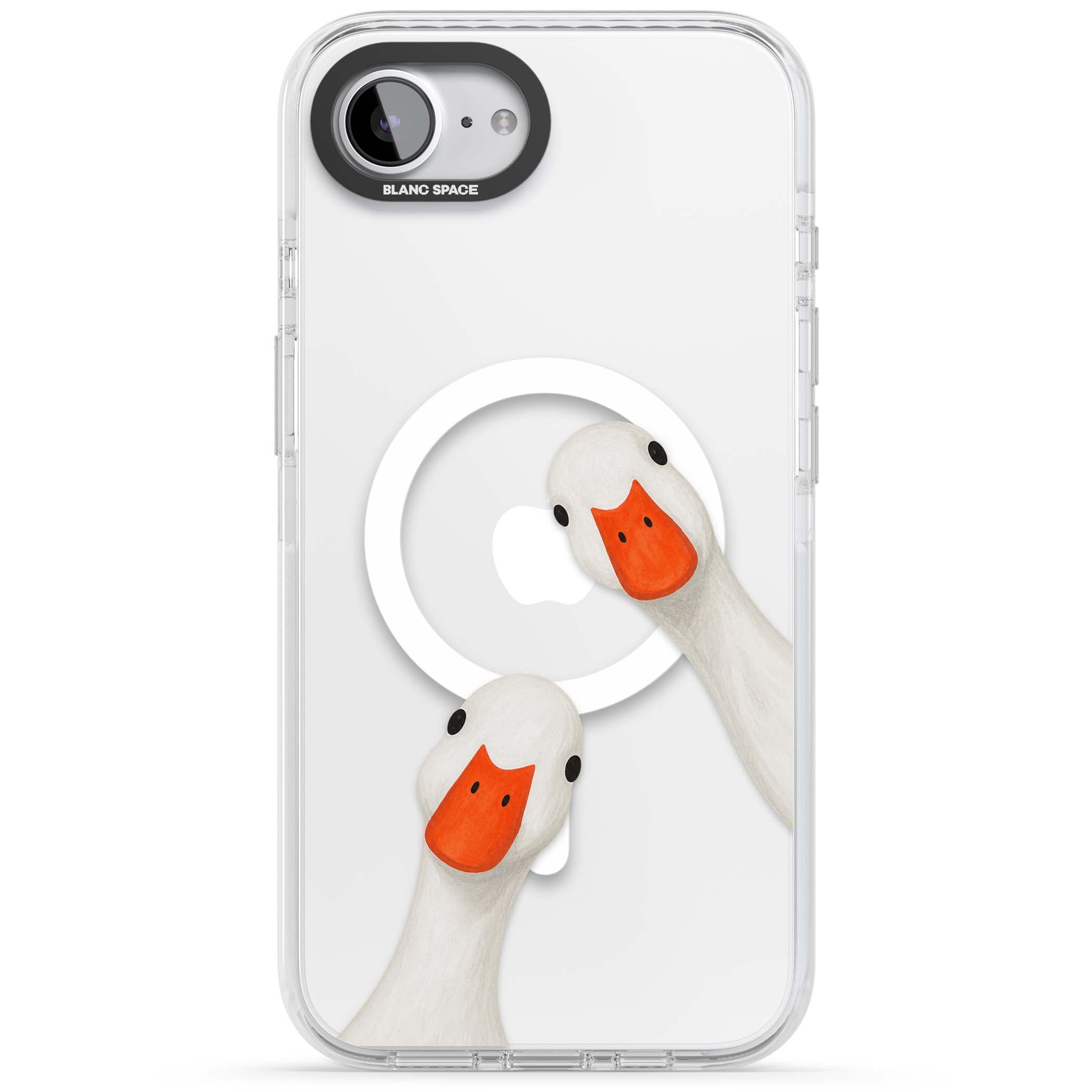 Nosy Ducks cottagecore iPhone case featuring two peeking white ducks with orange beaks on a clear background | Impact Magsafe case for iPhone 16e, iPhone 17e