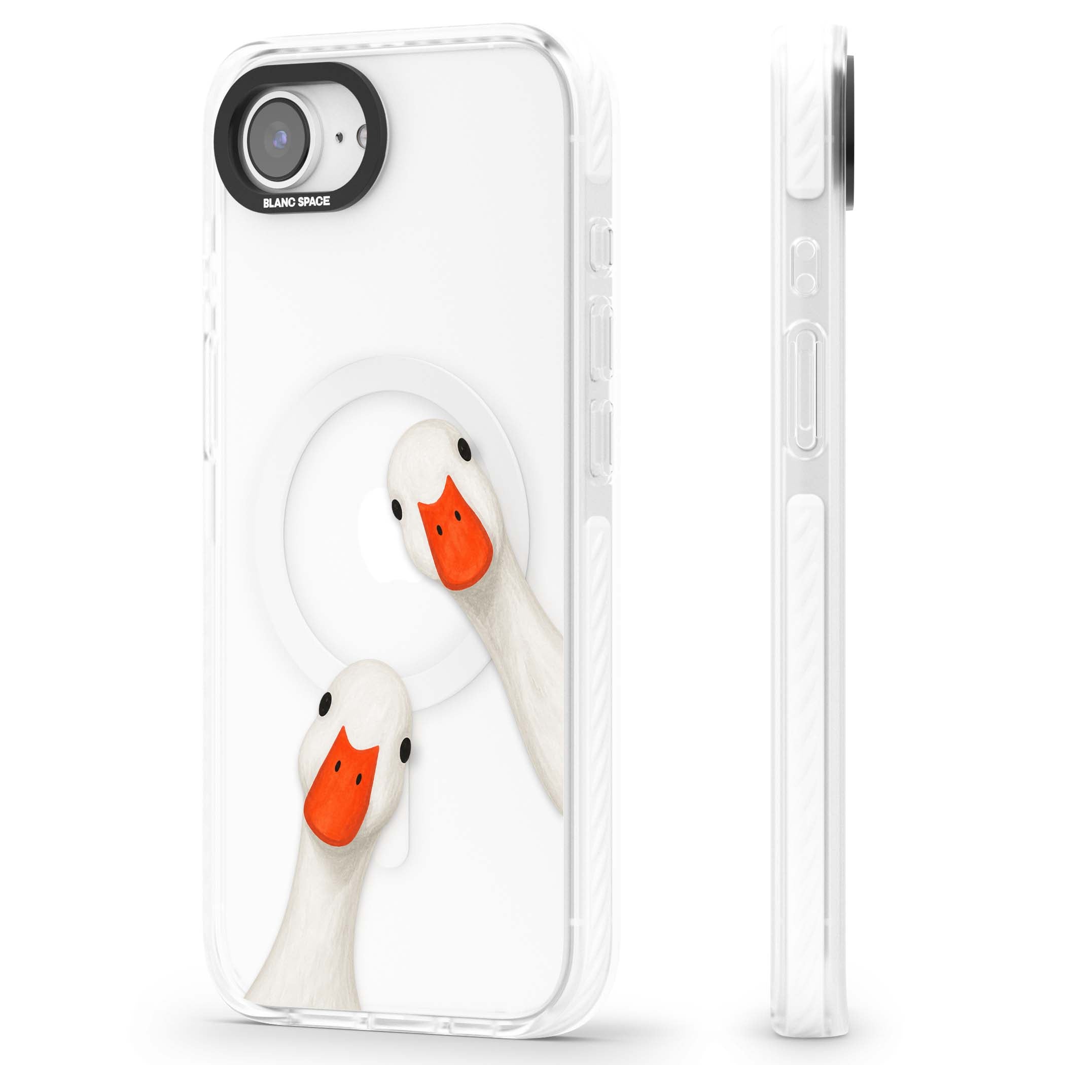 Nosy Ducks cottagecore iPhone case featuring two peeking white ducks with orange beaks on a clear background | Impact Magsafe case for iPhone 16e, iPhone 17e