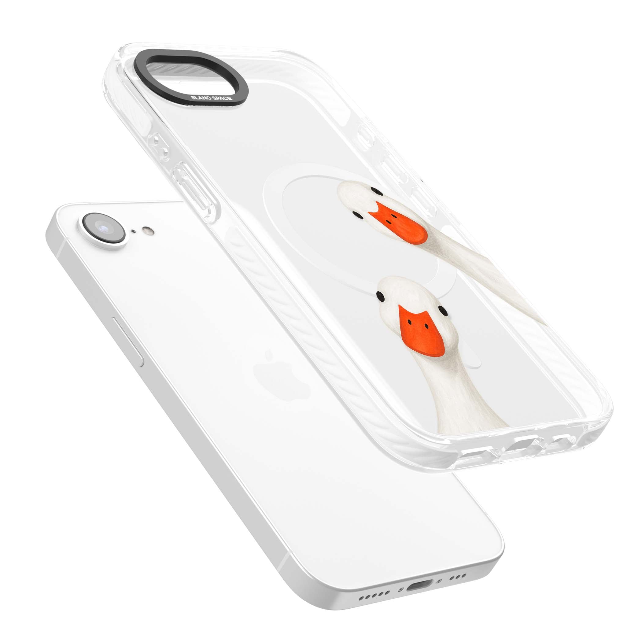 Nosy Ducks cottagecore iPhone case featuring two peeking white ducks with orange beaks on a clear background | Impact Magsafe case for iPhone 16e, iPhone 17e