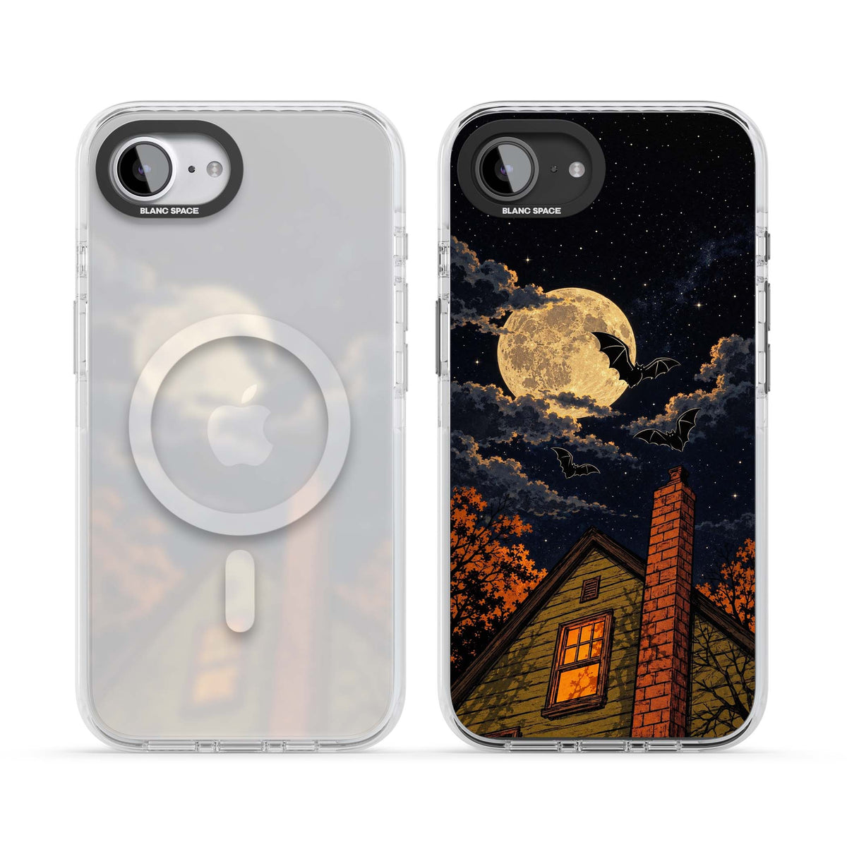 Hollows Eve Halloween iPhone case featuring a haunted house, full moon and flying bats against a starry autumn sky | Impact Magsafe case for iPhone 16e, iPhone 17e