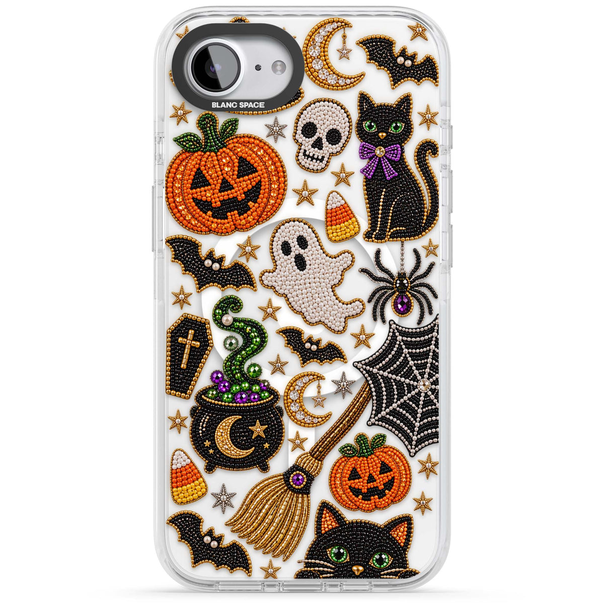 Beaded Halloween Halloween iPhone case featuring beaded pumpkins, ghosts, black cats and bats | Impact Magsafe case for iPhone 16e, iPhone 17e