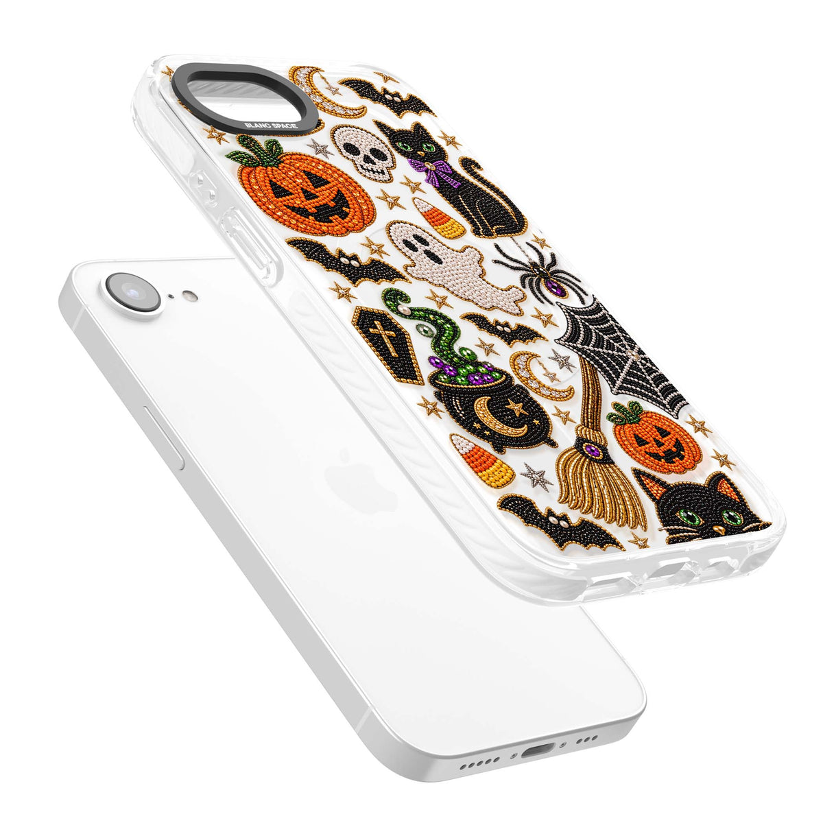 Beaded Halloween Halloween iPhone case featuring beaded pumpkins, ghosts, black cats and bats | Impact Magsafe case for iPhone 16e, iPhone 17e