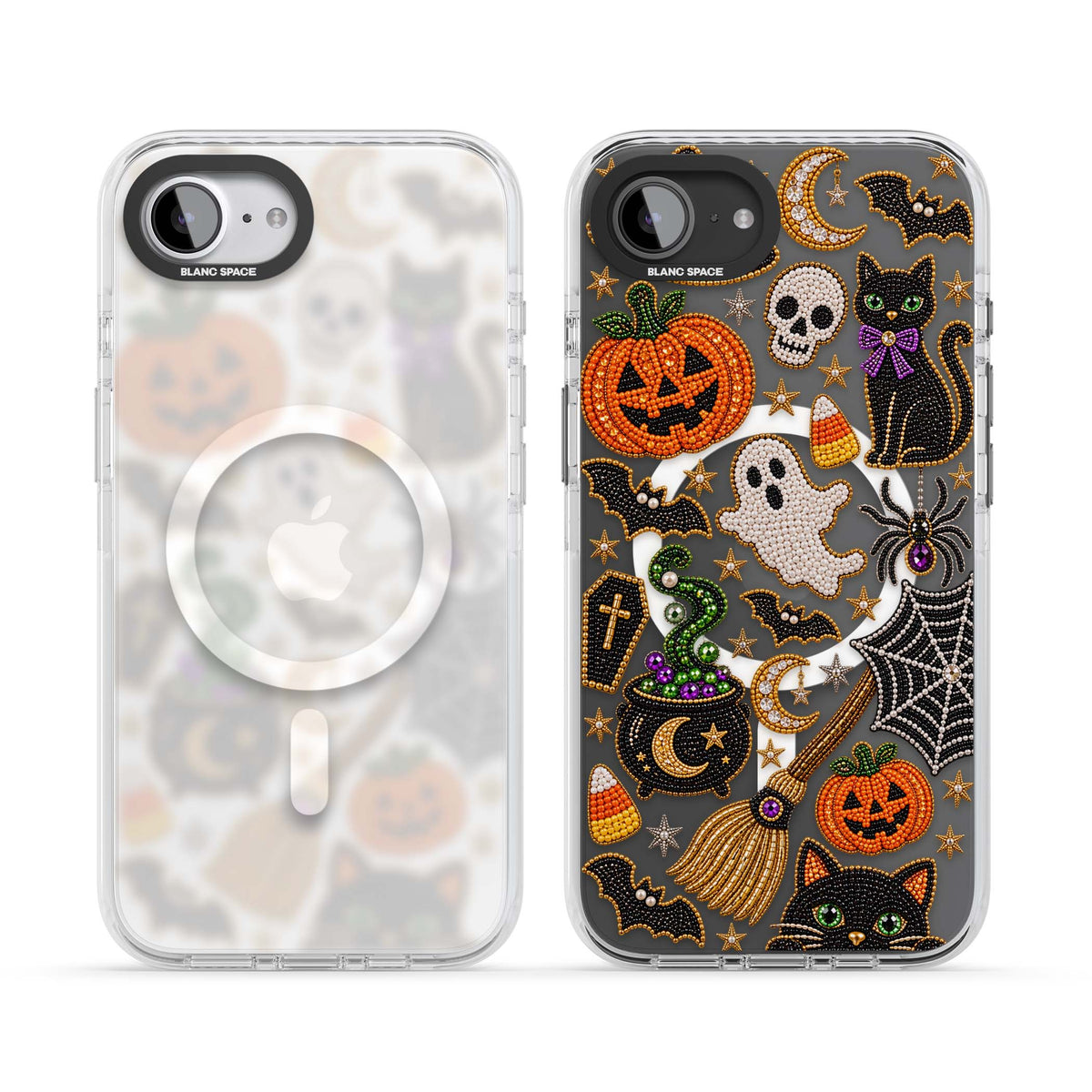 Beaded Halloween Halloween iPhone case featuring beaded pumpkins, ghosts, black cats and bats | Impact Magsafe case for iPhone 16e, iPhone 17e