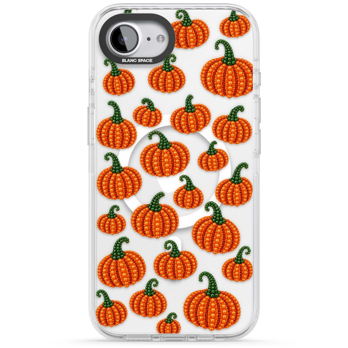 Beaded Pumpkins halloween iPhone case featuring beaded orange pumpkins with green stems on a clear background | Impact Magsafe case for iPhone 16e, iPhone 17e