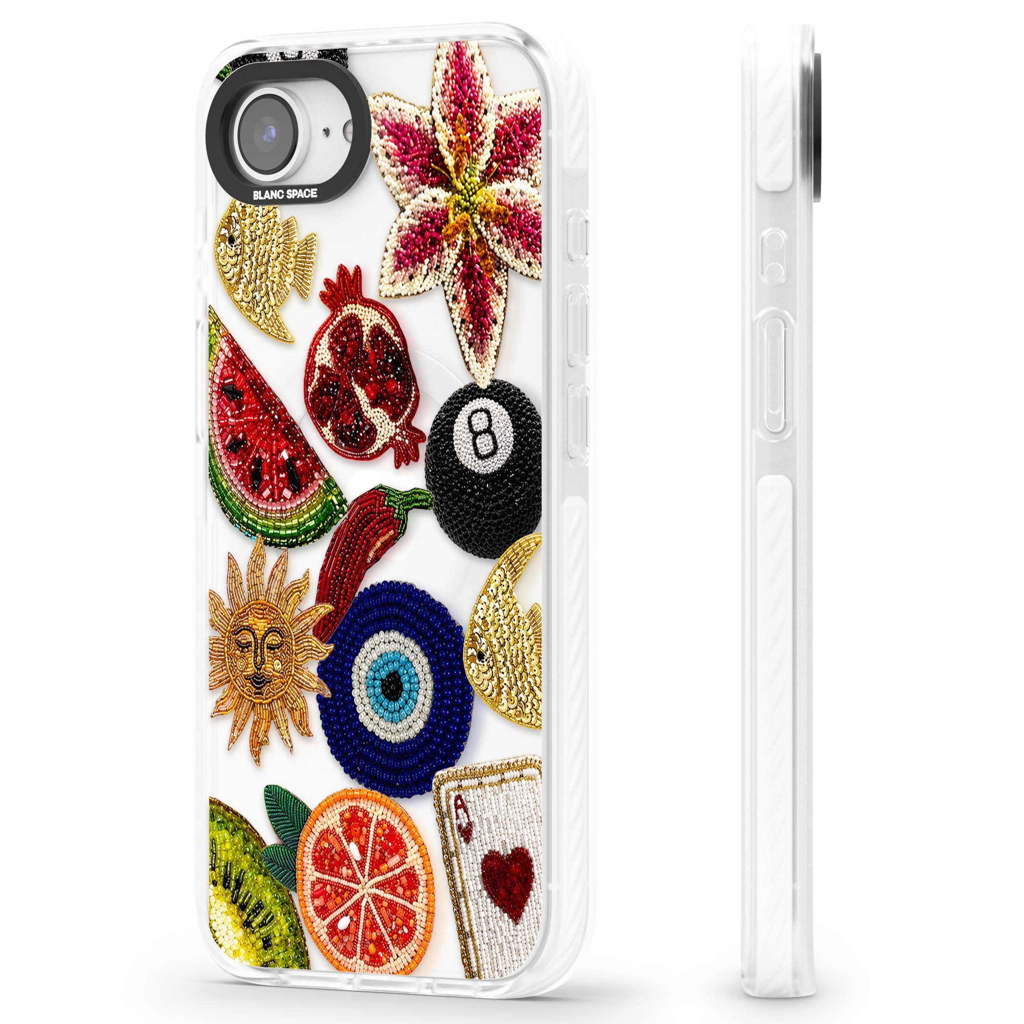 Beaded Charms embroidery iPhone case featuring beaded evil eye, fruit patches and a golden sun motif | Impact Magsafe case for iPhone 16e, iPhone 17e