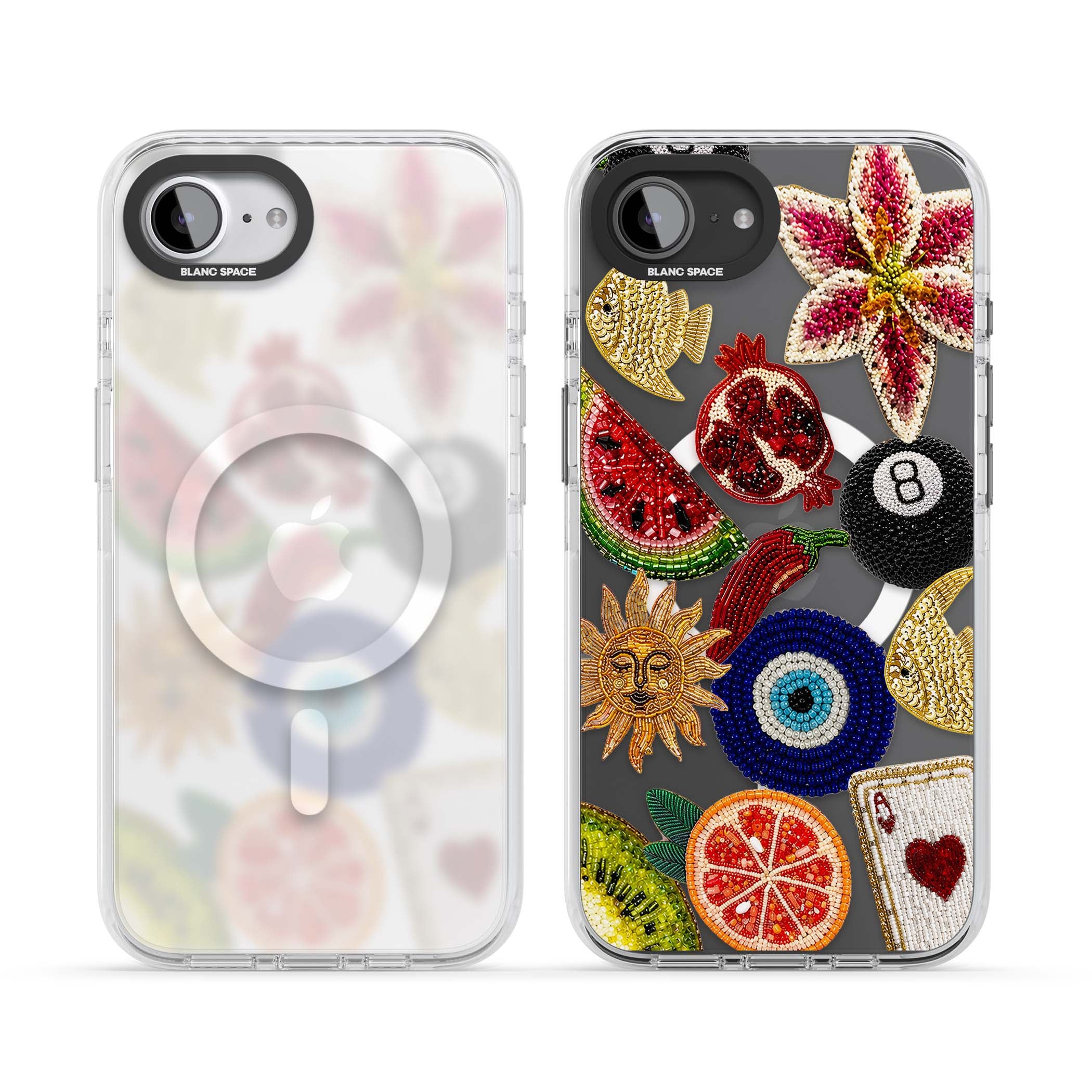 Beaded Charms embroidery iPhone case featuring beaded evil eye, fruit patches and a golden sun motif | Impact Magsafe case for iPhone 16e, iPhone 17e