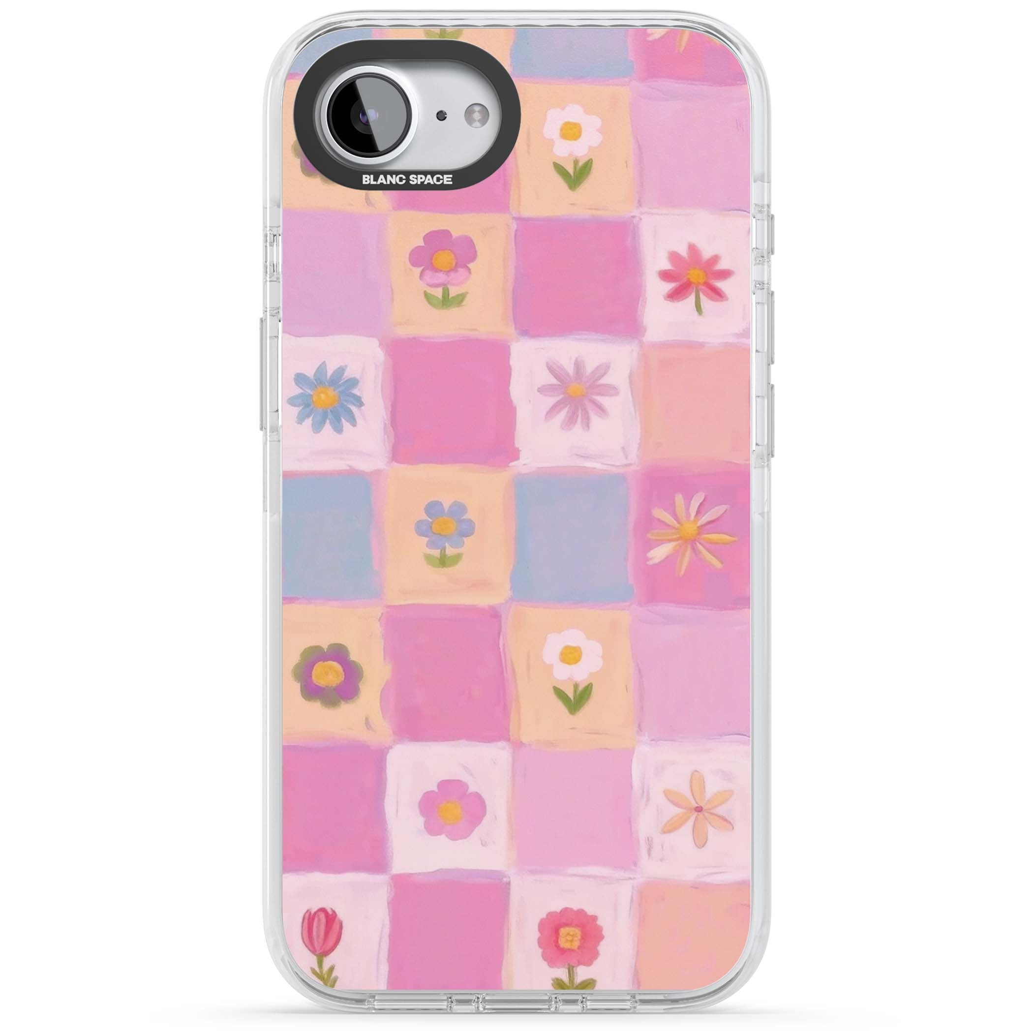 Pastel Flower Patchwork cottagecore iPhone case featuring painted pink and lilac squares with daisies and wildflowers | Impact Magsafe case for iPhone 16e, iPhone 17e