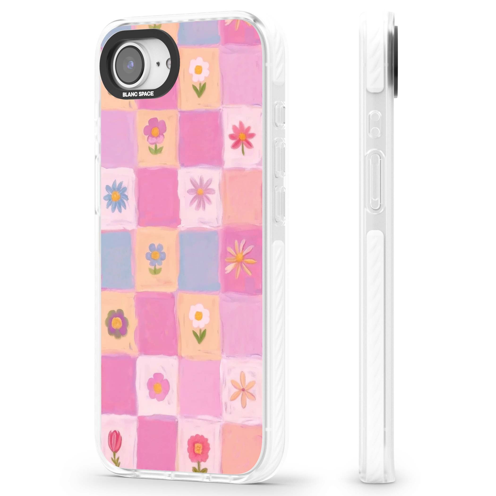 Pastel Flower Patchwork cottagecore iPhone case featuring painted pink and lilac squares with daisies and wildflowers | Impact Magsafe case for iPhone 16e, iPhone 17e