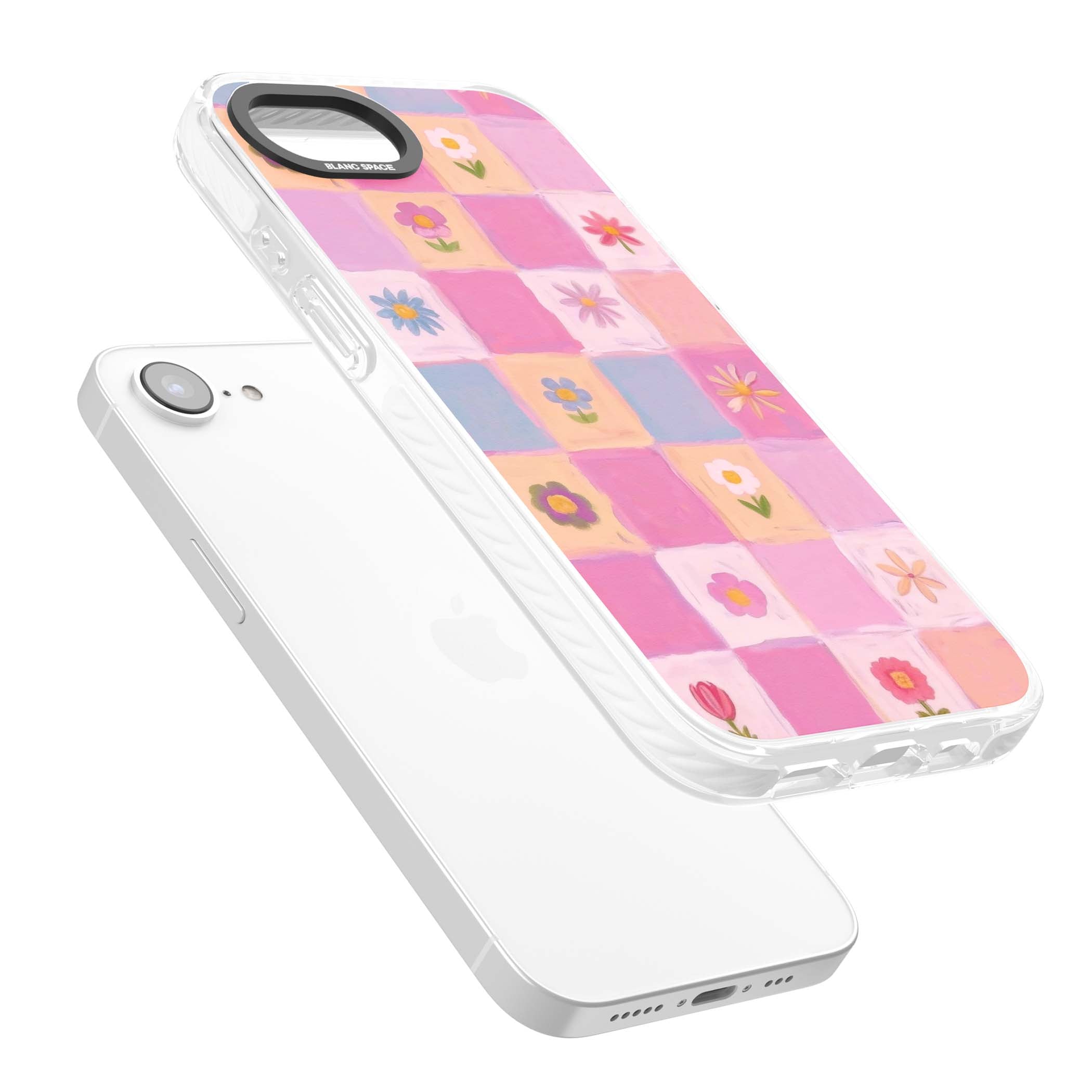 Pastel Flower Patchwork cottagecore iPhone case featuring painted pink and lilac squares with daisies and wildflowers | Impact Magsafe case for iPhone 16e, iPhone 17e