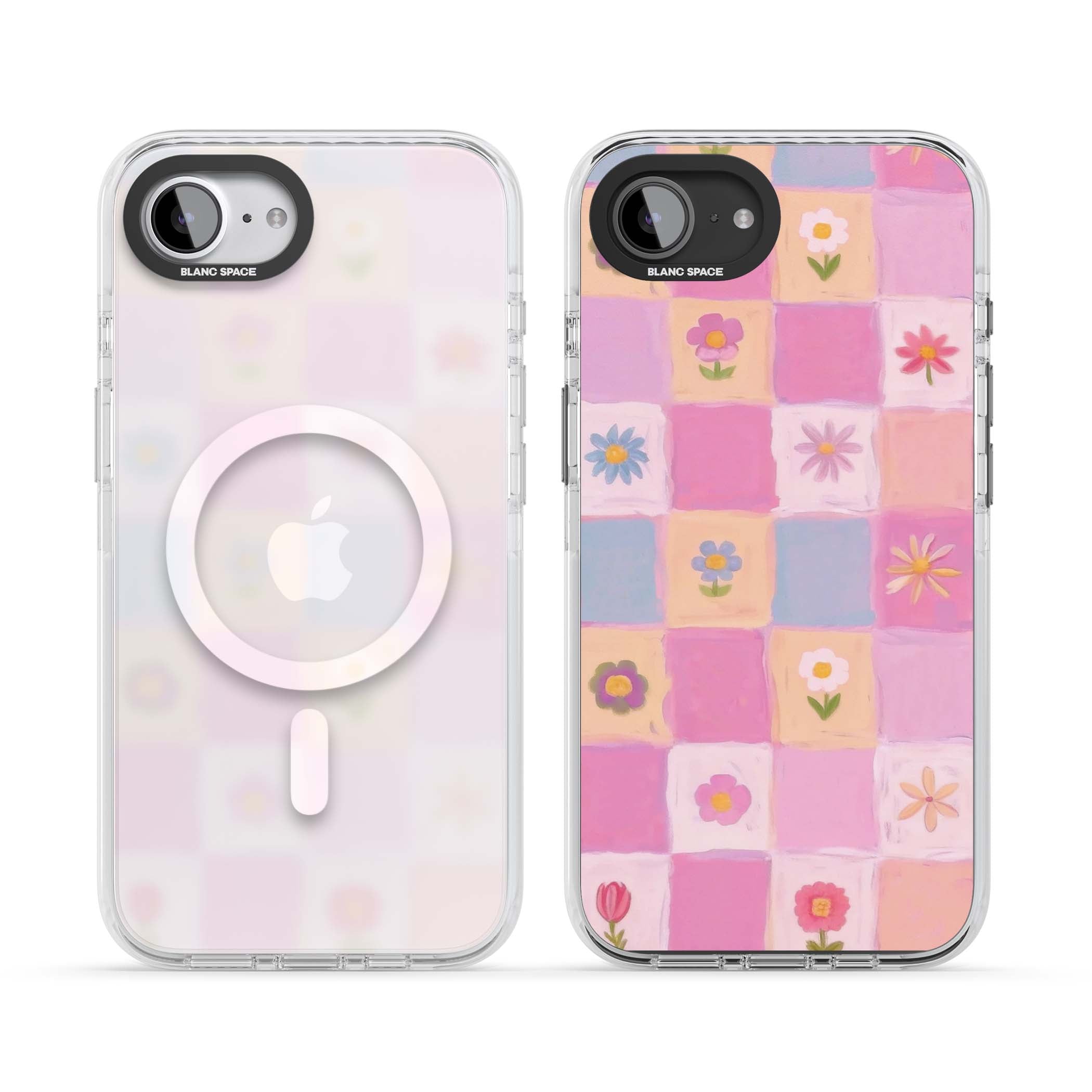 Pastel Flower Patchwork cottagecore iPhone case featuring painted pink and lilac squares with daisies and wildflowers | Impact Magsafe case for iPhone 16e, iPhone 17e