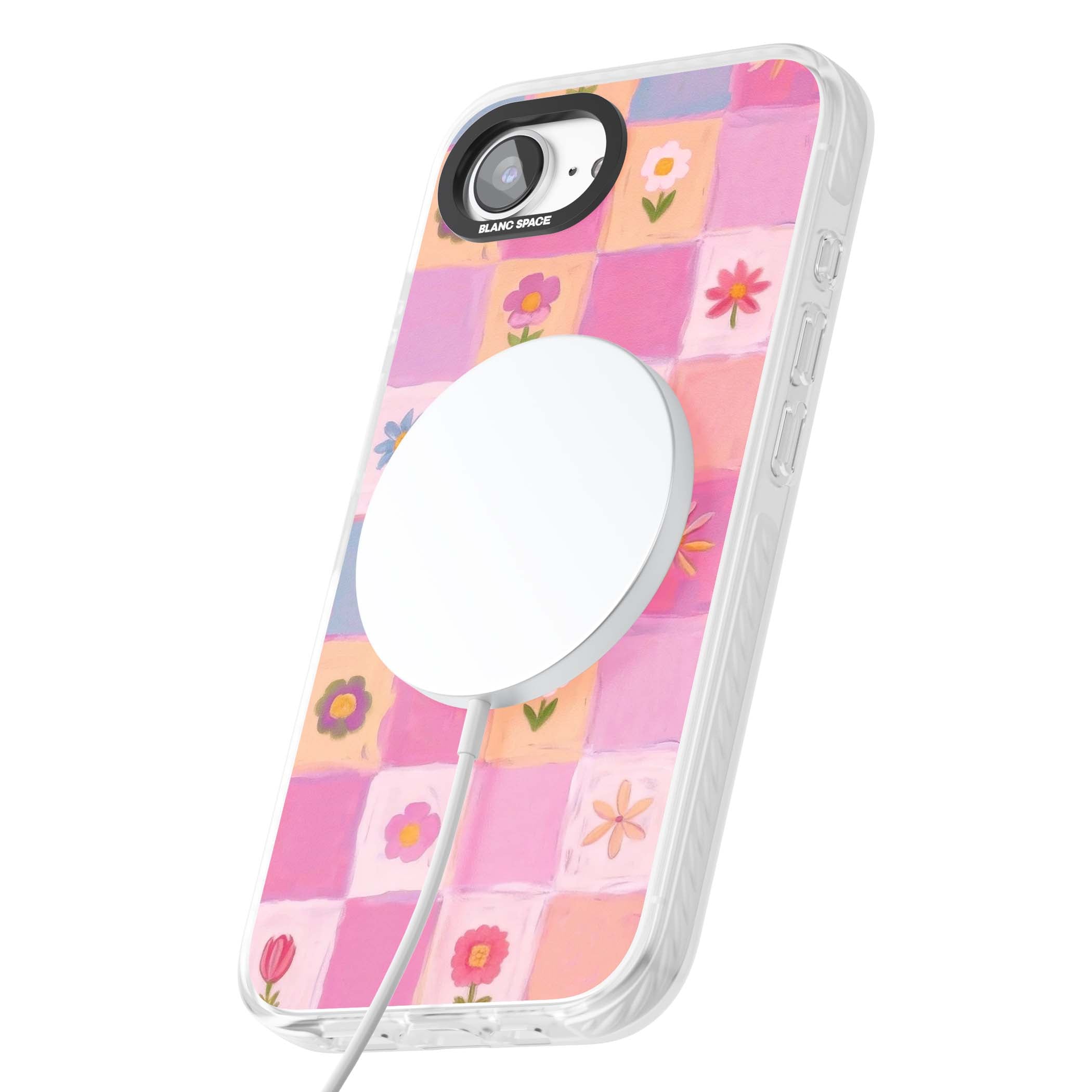 Pastel Flower Patchwork cottagecore iPhone case featuring painted pink and lilac squares with daisies and wildflowers | Impact Magsafe case for iPhone 16e, iPhone 17e
