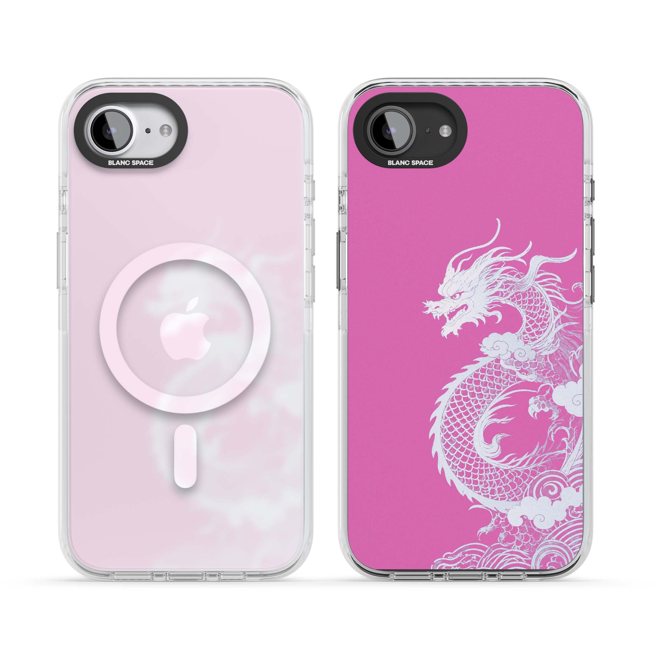 Pink Empress chinese dragon iPhone case featuring a white dragon, swirling clouds and pink dragon wallpaper backdrop | Impact Magsafe case for iPhone 16e, iPhone 17e