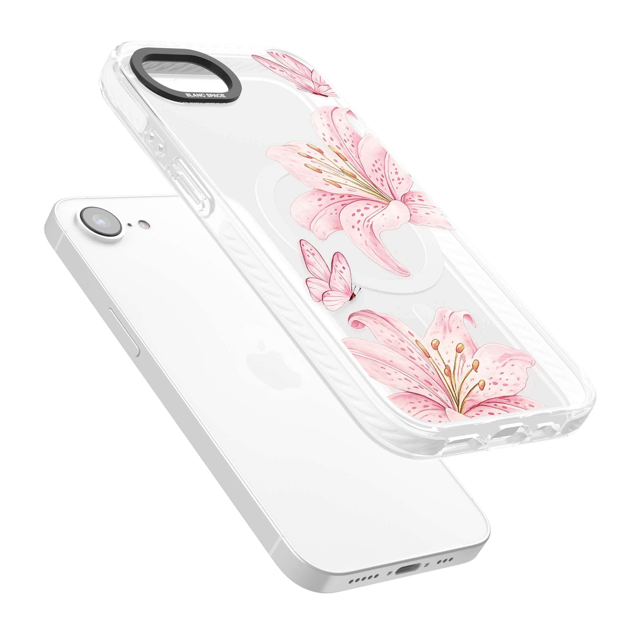 Lily Whisper floral iPhone case featuring pink watercolour lilies and delicate butterflies on a clear background | Impact Magsafe case for iPhone 16e, iPhone 17e