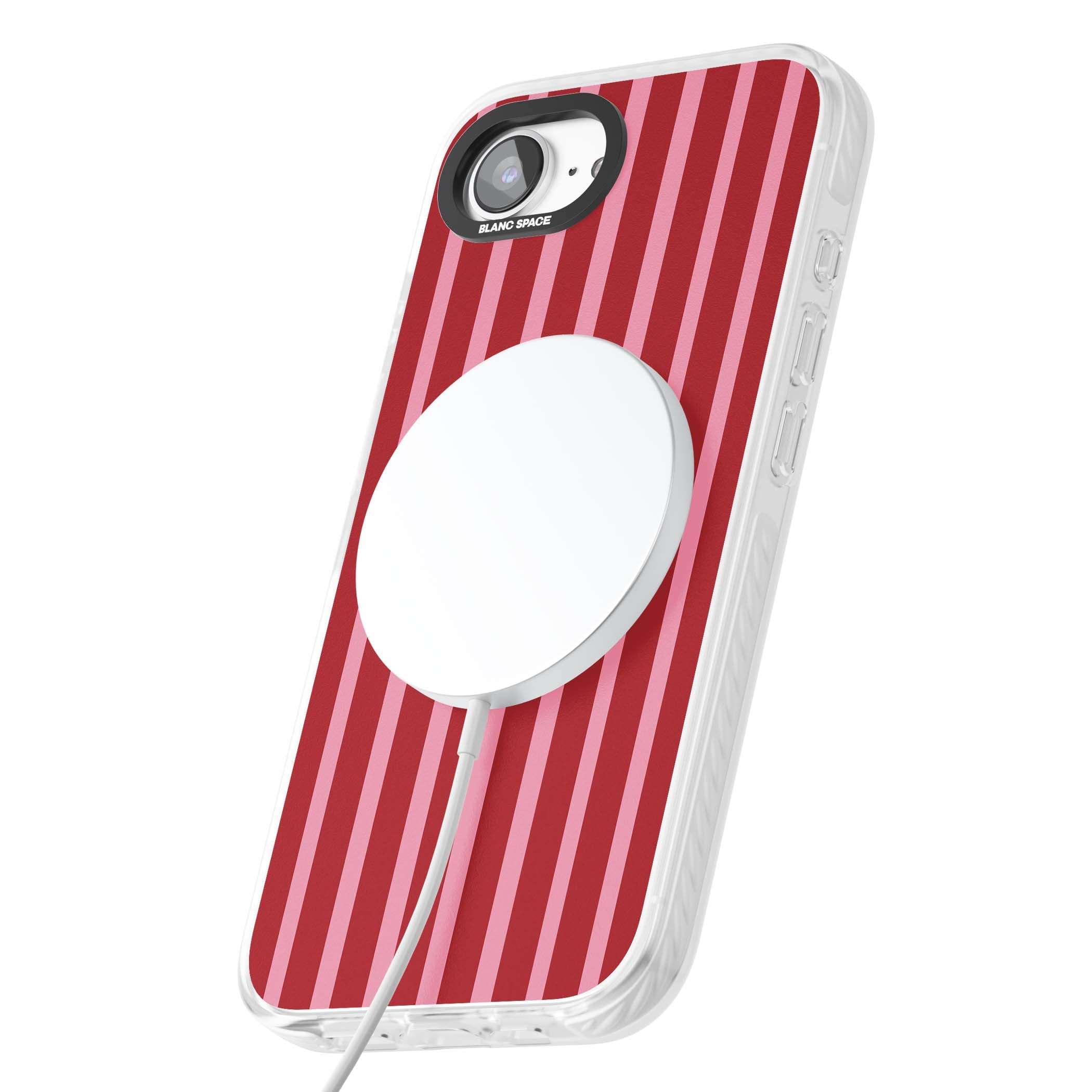 Raspberry Stripe coquette iPhone case featuring red and pink vertical stripes in a candy-inspired pattern | Impact Magsafe case for iPhone 16e, iPhone 17e