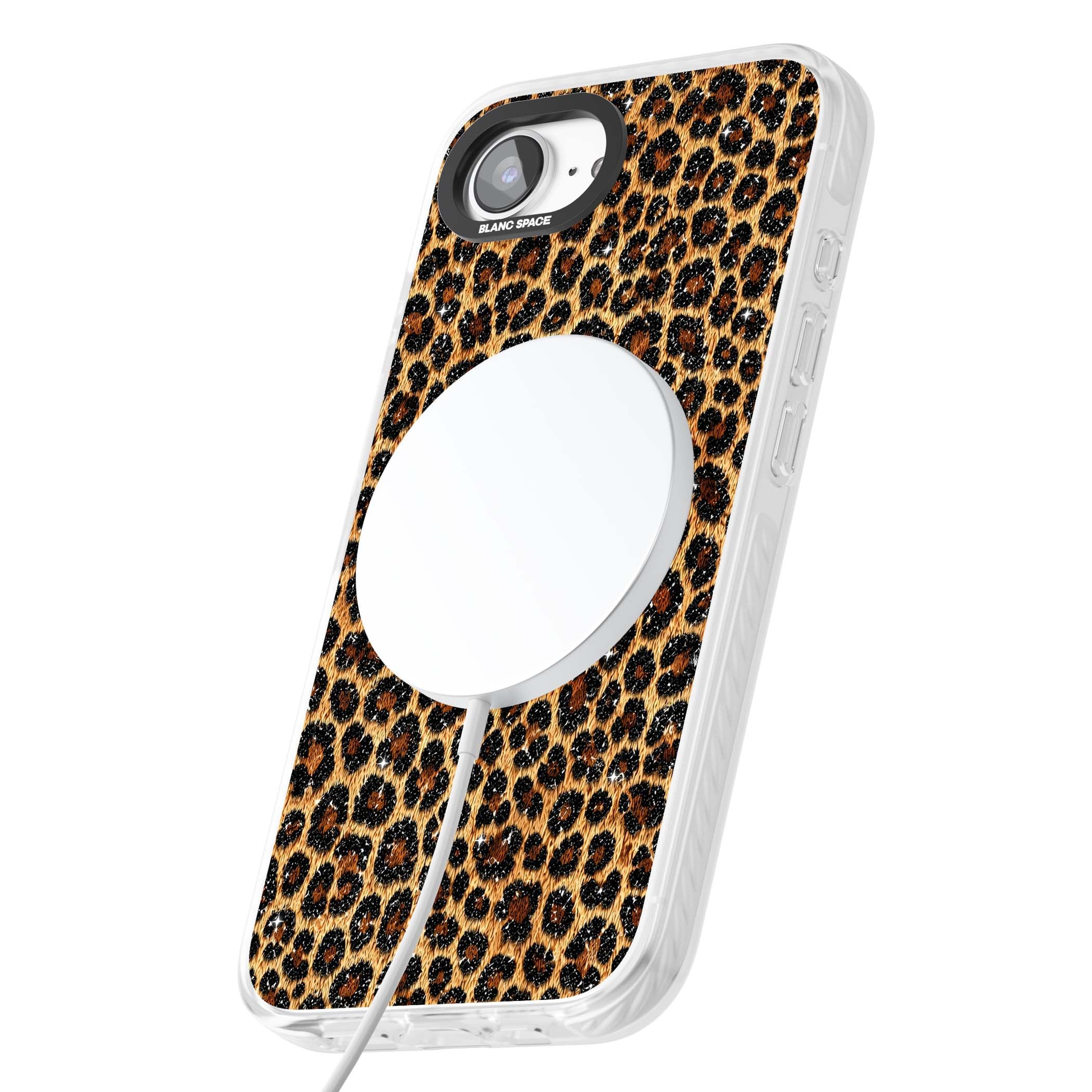 Diamond Leopard leopard print iPhone case featuring golden tan fur, black rosette spots and subtle glitter sparkle | Impact Magsafe case for iPhone 16e, iPhone 17e