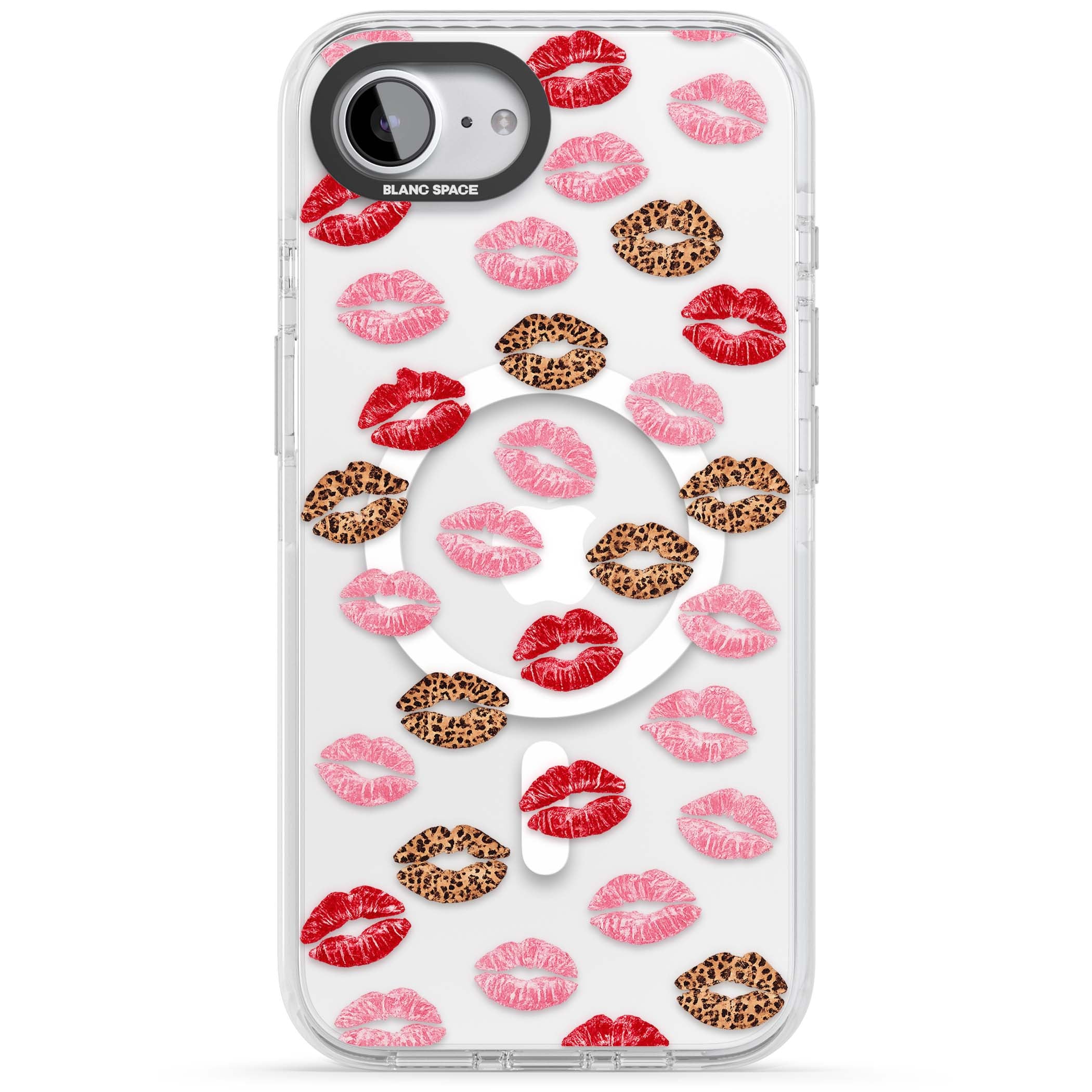 Wild Kisses coquette iPhone case featuring red, pink and leopard print lipstick kiss marks on a clear background | Impact Magsafe case for iPhone 16e, iPhone 17e