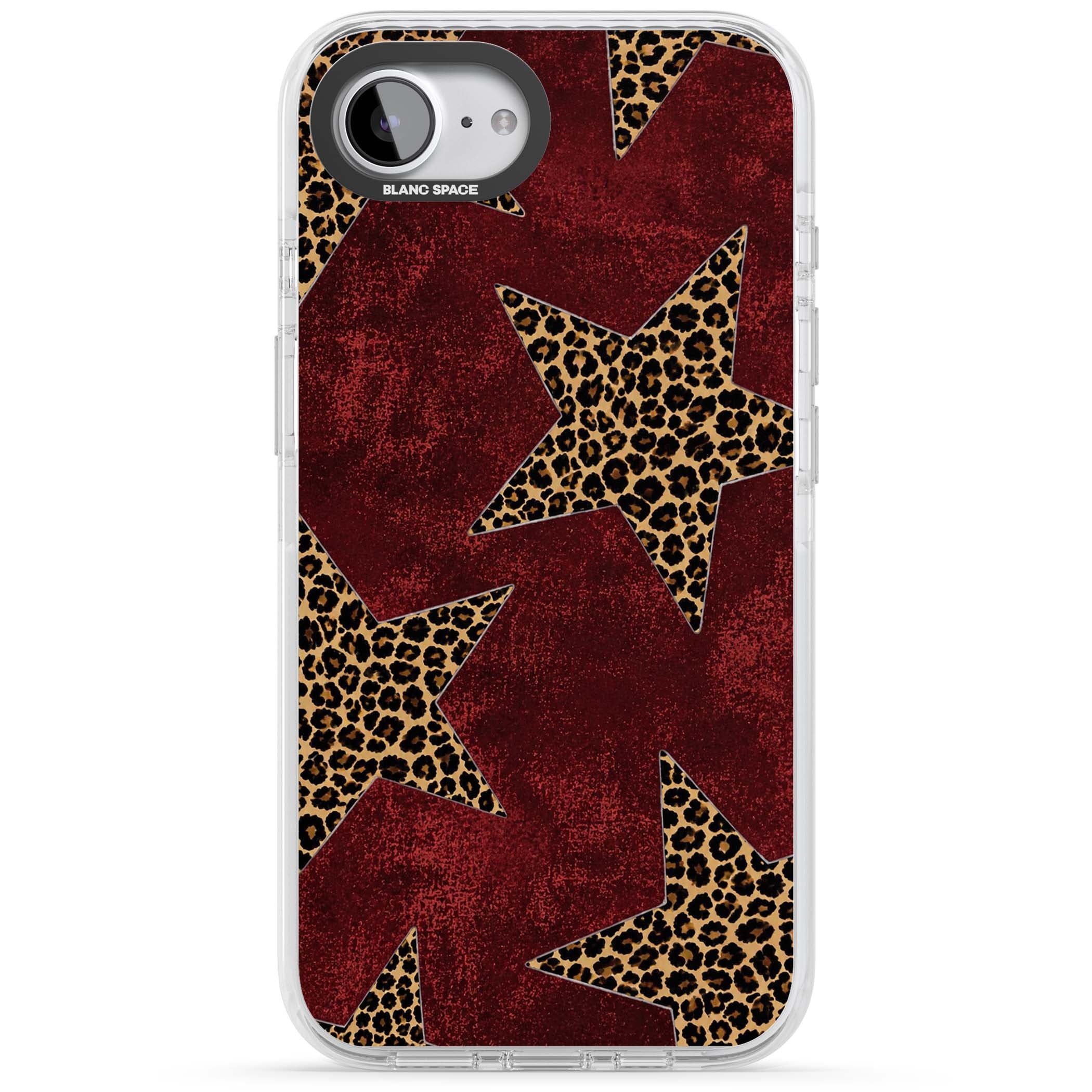 Showgirl leopard print iPhone case featuring cheetah print stars on distressed red grunge background | Impact Magsafe case for iPhone 16e, iPhone 17e