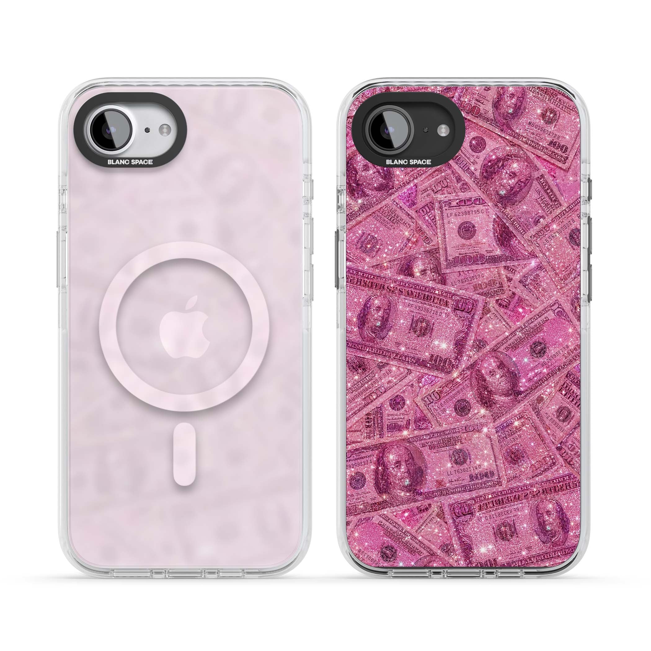 Glamorous baddie iPhone case featuring pink glitter hundred dollar bills and sparkling money wallpaper design | Impact Magsafe case for iPhone 16e, iPhone 17e