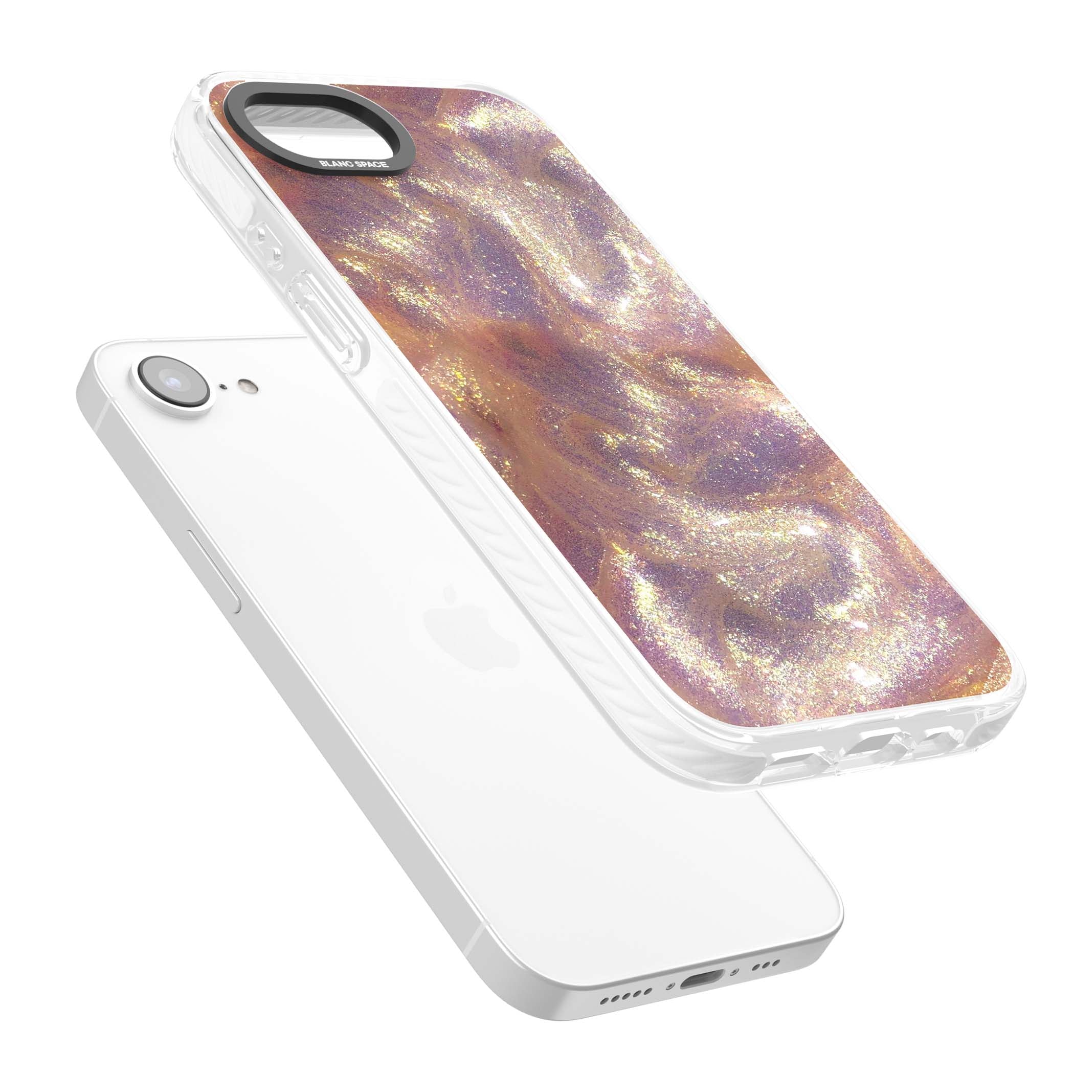 Shimmer marble iPhone case featuring rose gold glitter swirls, lilac shimmer and iridescent pearl finish | Impact Magsafe case for iPhone 16e, iPhone 17e