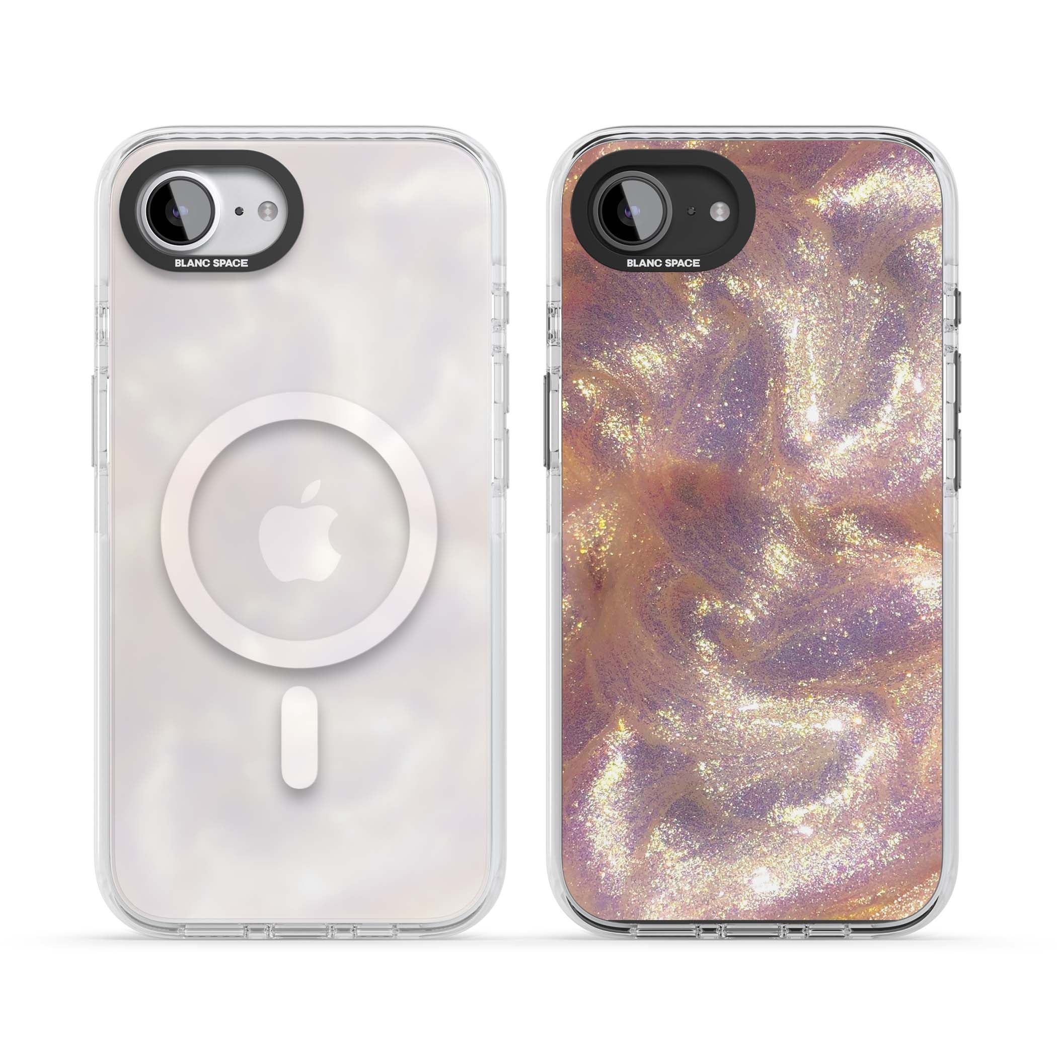 Shimmer marble iPhone case featuring rose gold glitter swirls, lilac shimmer and iridescent pearl finish | Impact Magsafe case for iPhone 16e, iPhone 17e