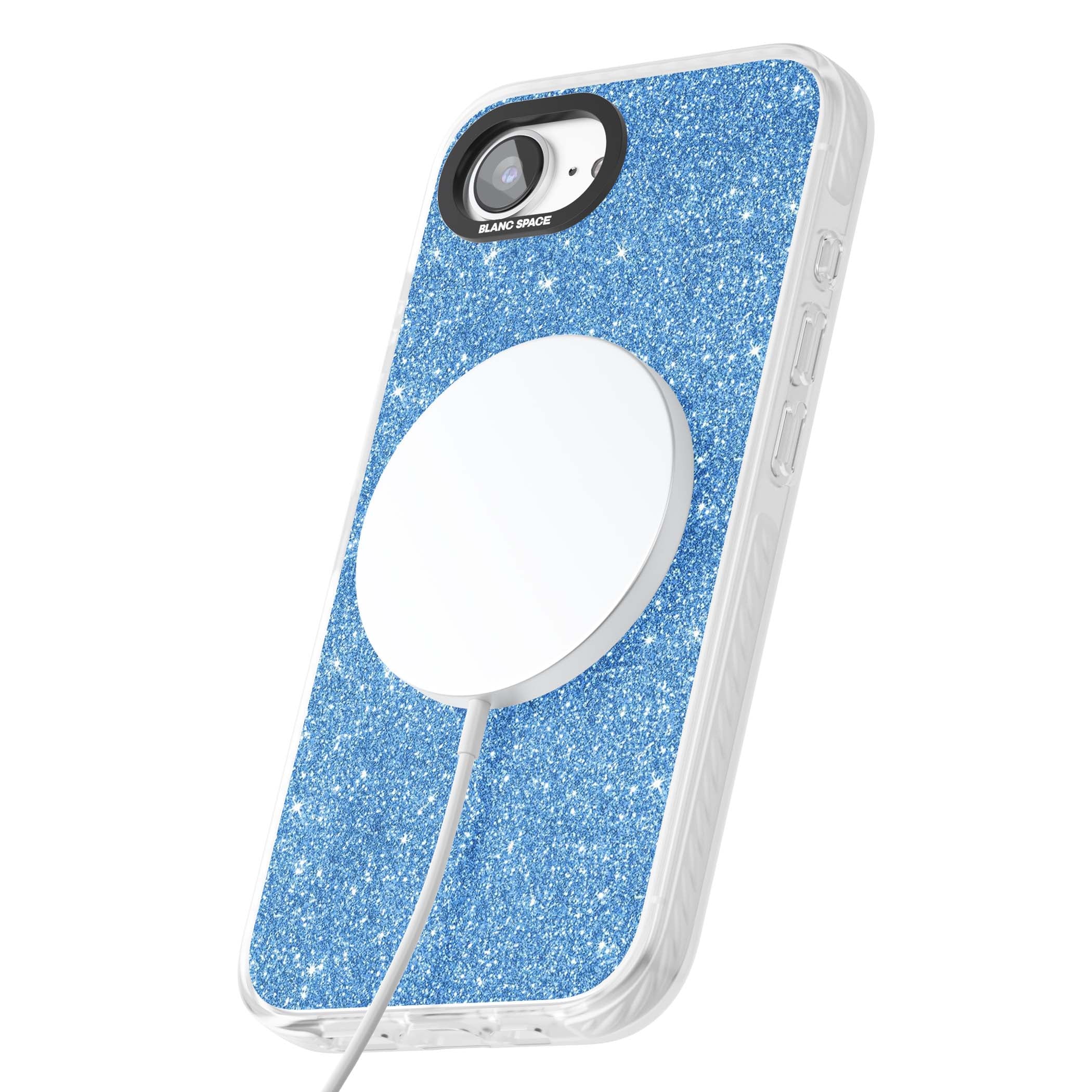 Blue Glitter blue glitter iPhone case featuring dense sparkling cerulean glitter with a glamorous shimmering finish | Impact Magsafe case for iPhone 16e, iPhone 17e