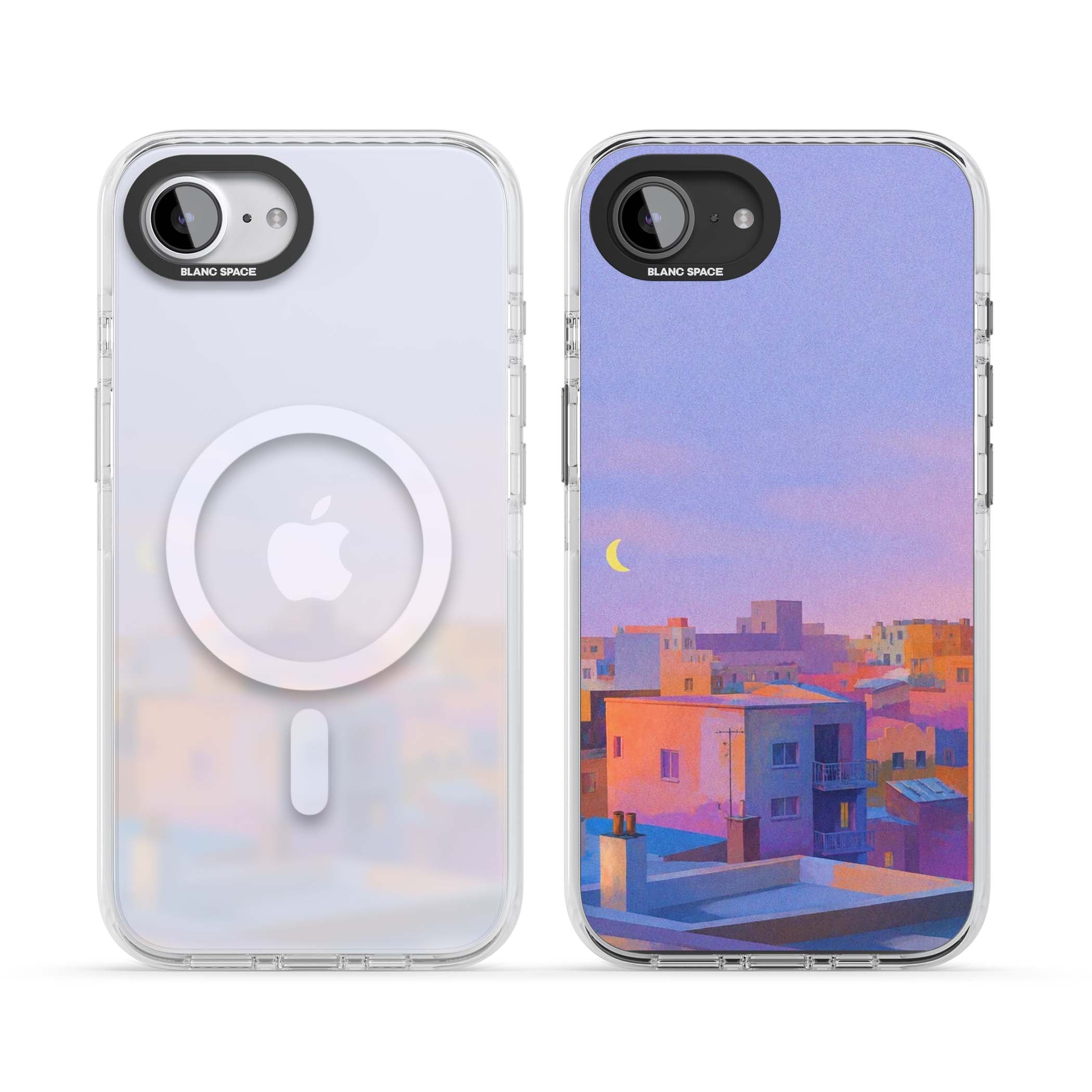 Twilight Rooftops vaporwave iPhone case featuring a pastel sunset cityscape, painted rooftops and a crescent moon. | Impact Magsafe case for iPhone 16e, iPhone 17e