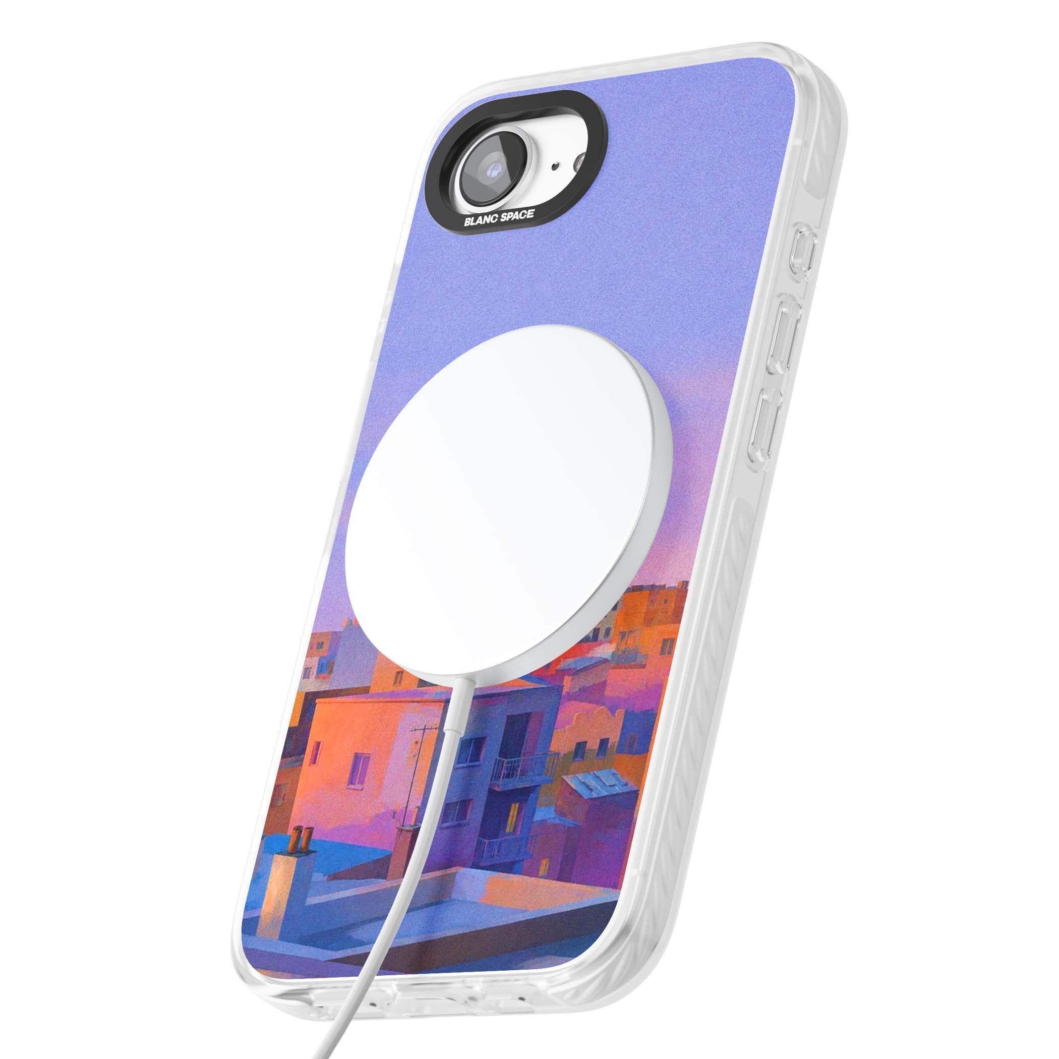 Twilight Rooftops vaporwave iPhone case featuring a pastel sunset cityscape, painted rooftops and a crescent moon. | Impact Magsafe case for iPhone 16e, iPhone 17e