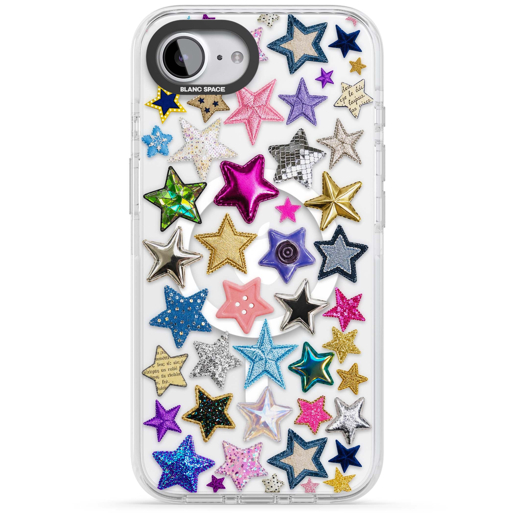 Crafty Star Mix Y2K iPhone case featuring embroidered, sequinned and glitter star patches in rainbow colours | Impact Magsafe case for iPhone 16e, iPhone 17e